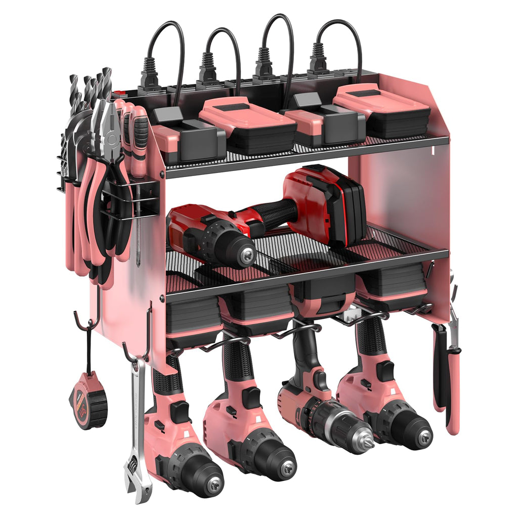 CCCEI Modular Power Tool Organizer Wall Mount with Charging Station. Garage 4 Drill Storage Shelf with Hooks, Screwdriver, Drill Bit Heavy Duty Rack, Tool Battery Holder Built in 8 Outlet Power Strip.