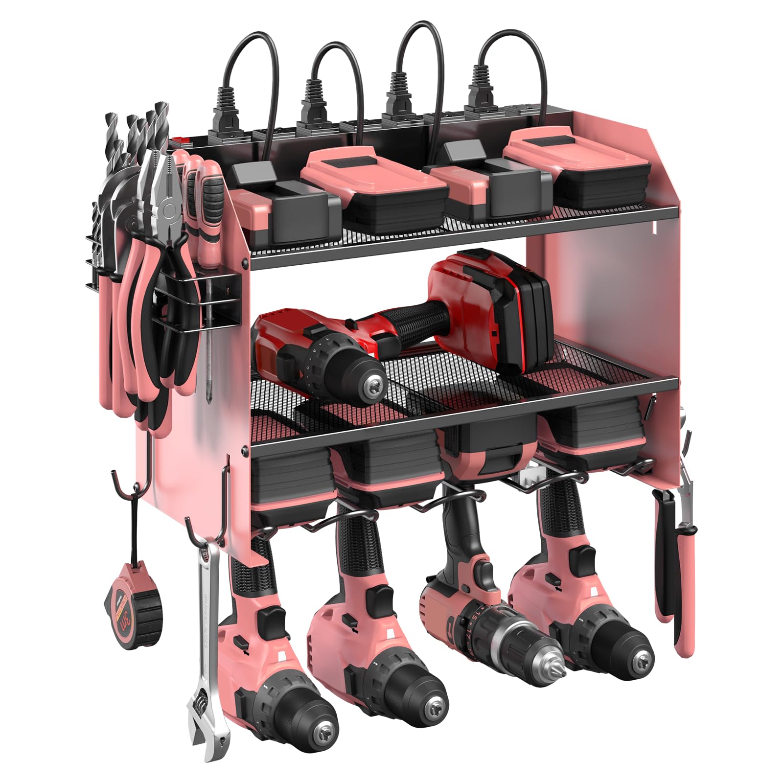 CCCEI Modular Power Tool Organizer Wall Mount with Charging Station. Garage 4 Drill Storage Shelf with Hooks, Screwdriver, Drill Bit Heavy Duty Rack, Tool Battery Holder Built in 8 Outlet Power Strip.