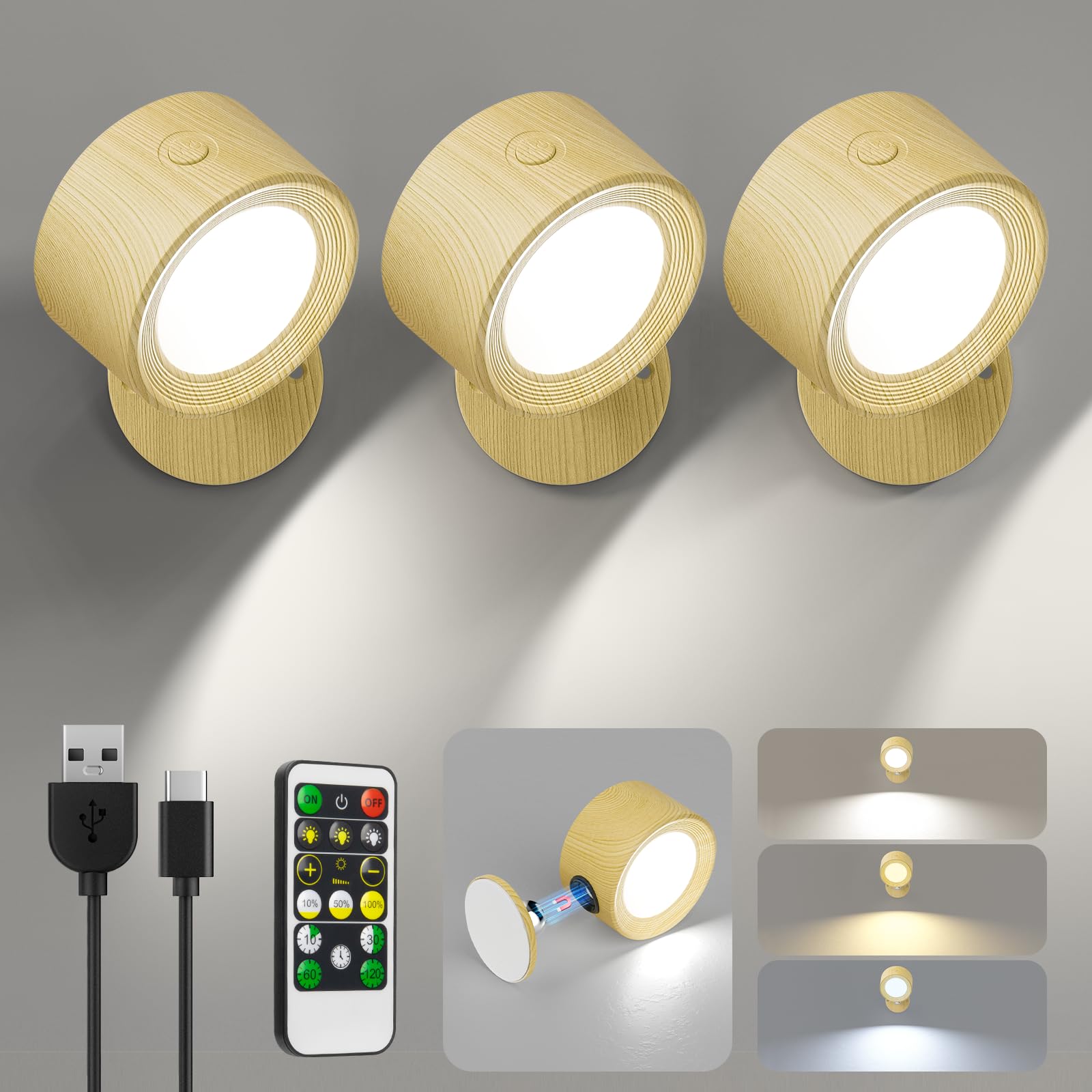 LED Wall Mounted Lights 3 Pcs with Remote, Wall Sconces Lamp 3000mAh Rechargeable Battery Operated, 3 Color Temperatures & Dimmable Magnetic 360° Rotation Cordless Light for Bedroom Bedside