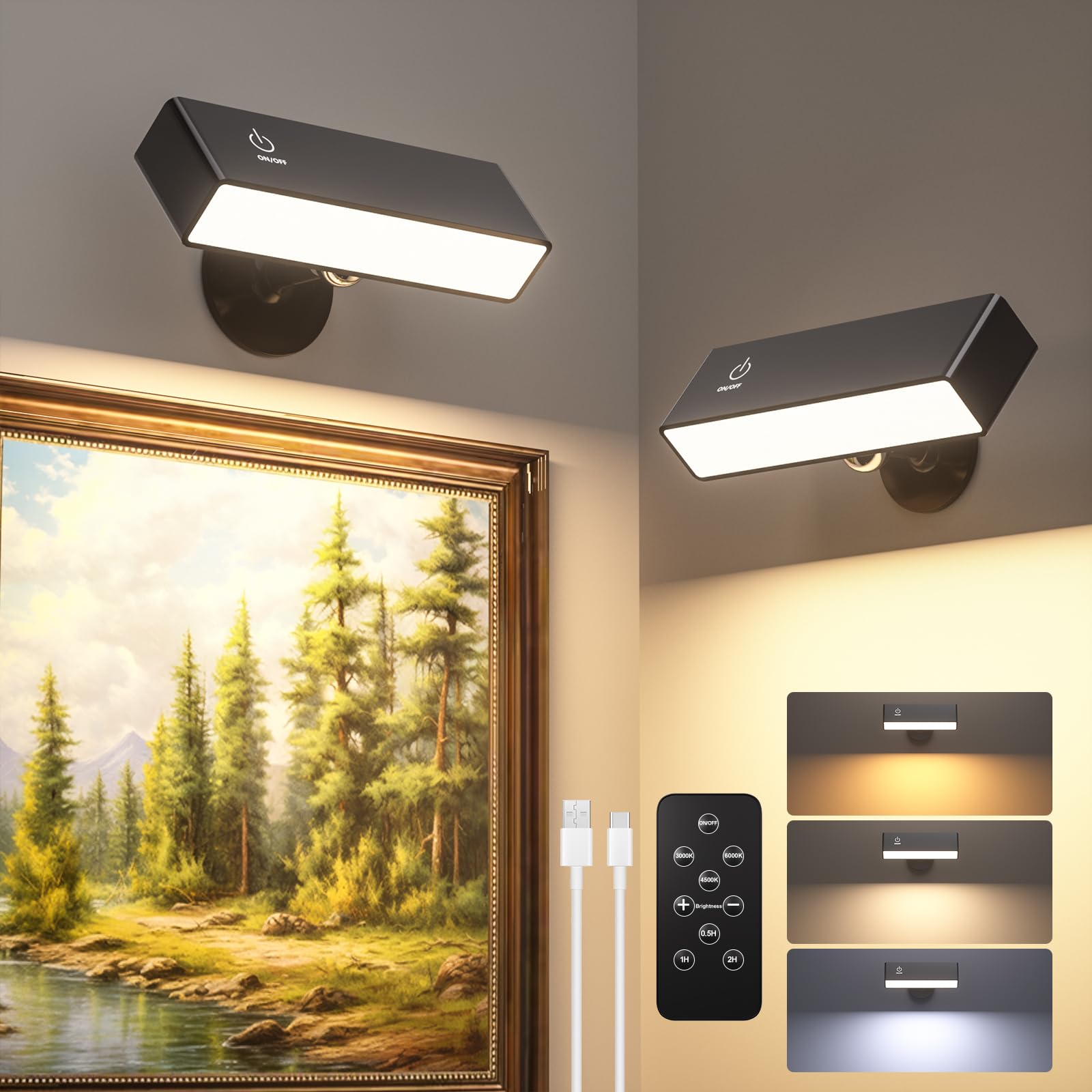 Rechargeable Magnetic Wall Sconce with Remote, Battery Operated Wall Light, Black Wireless Wall Sconce, Black Wall Lamps for Bedroom, Bedside, Kitchen, Cabinet, Living Room, Picture