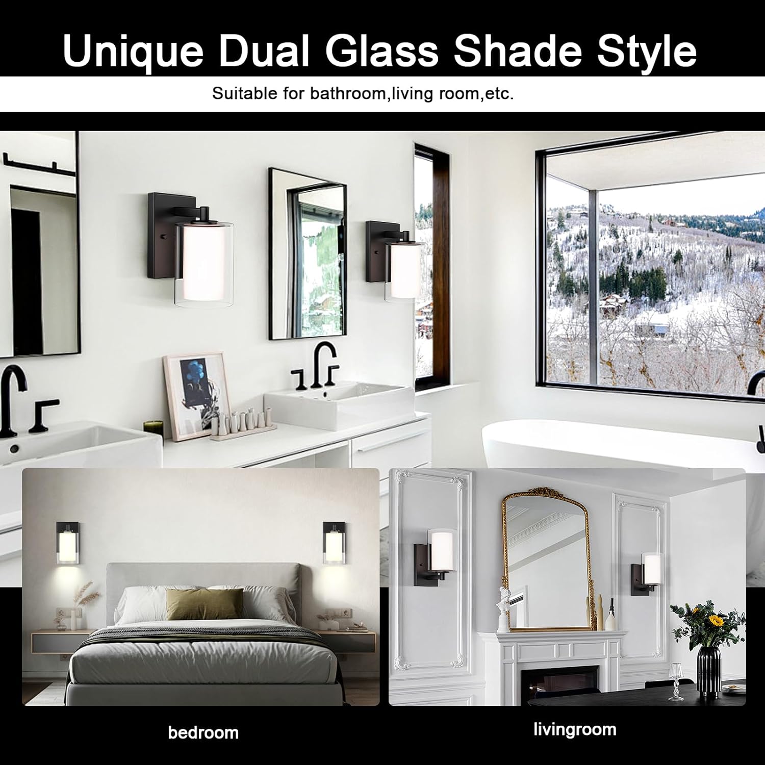 Wall Sconces Set of 2 Modern Vanity Lights with Double Clear Glass Shade Matte Black Indoor Farmhouse Wall Lights for Bathroom Living Room Bedroom Hallway Bulb E26 Base (Bulbs Not Included)