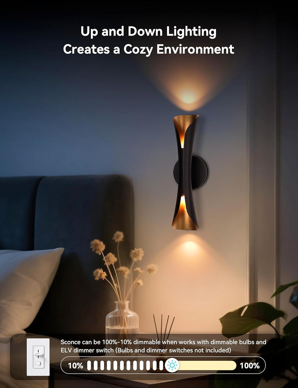 Tubicen Wall Sconce Black and Gold Dimmable Mid Century Modern Up and Down Sconce Lights Indoor Hardwired 15.7" H Wall Lamps for Bedroom Living Room Home Theater