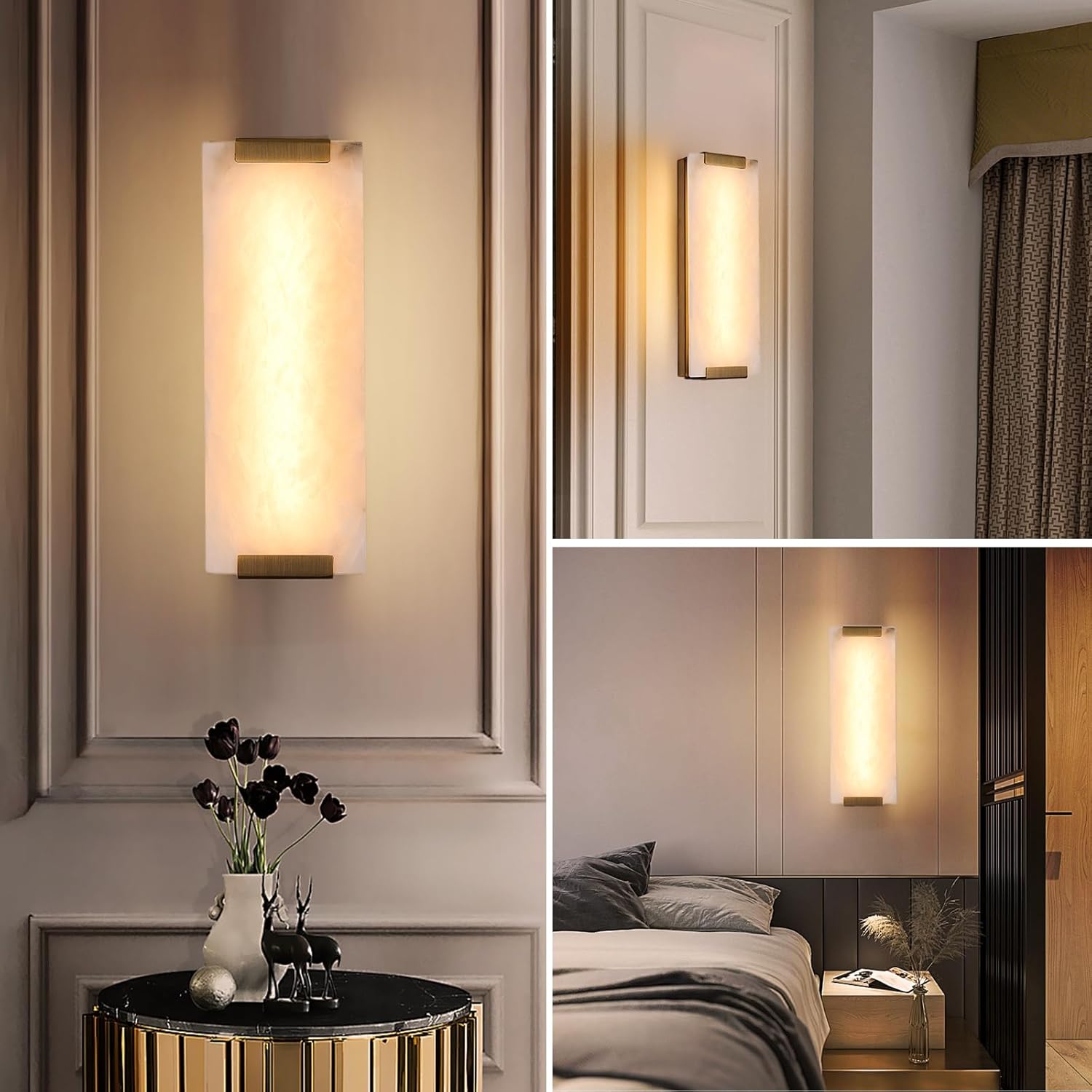 14.2in Alabaster Wall Sconce, Large Natural Marble Wall Light Decor, LED Modern Wall Lamp for Bedroom, Stairs, Living Room, Vanity, Bedside, Hallway （Brushed Bronze 12W）