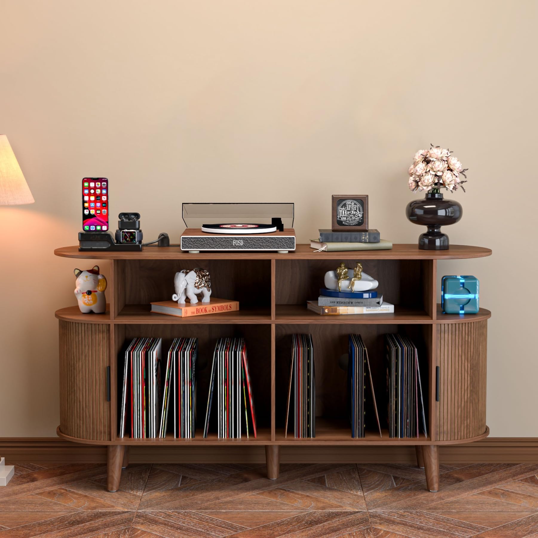 Large Round Record Player Stand with Charging Station & USB Ports，Record Storage Cabinet, Mid Century Modern Turntable Stand for Bedroom Living Room (Small Brown)