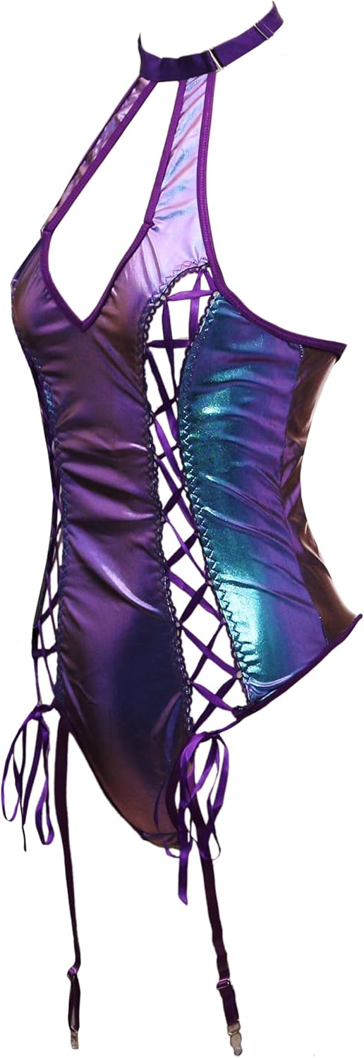 bslingerie Latex PVC Fishnet Sheer Plunge Deep V Corset Rave Clubwear Bodysuit