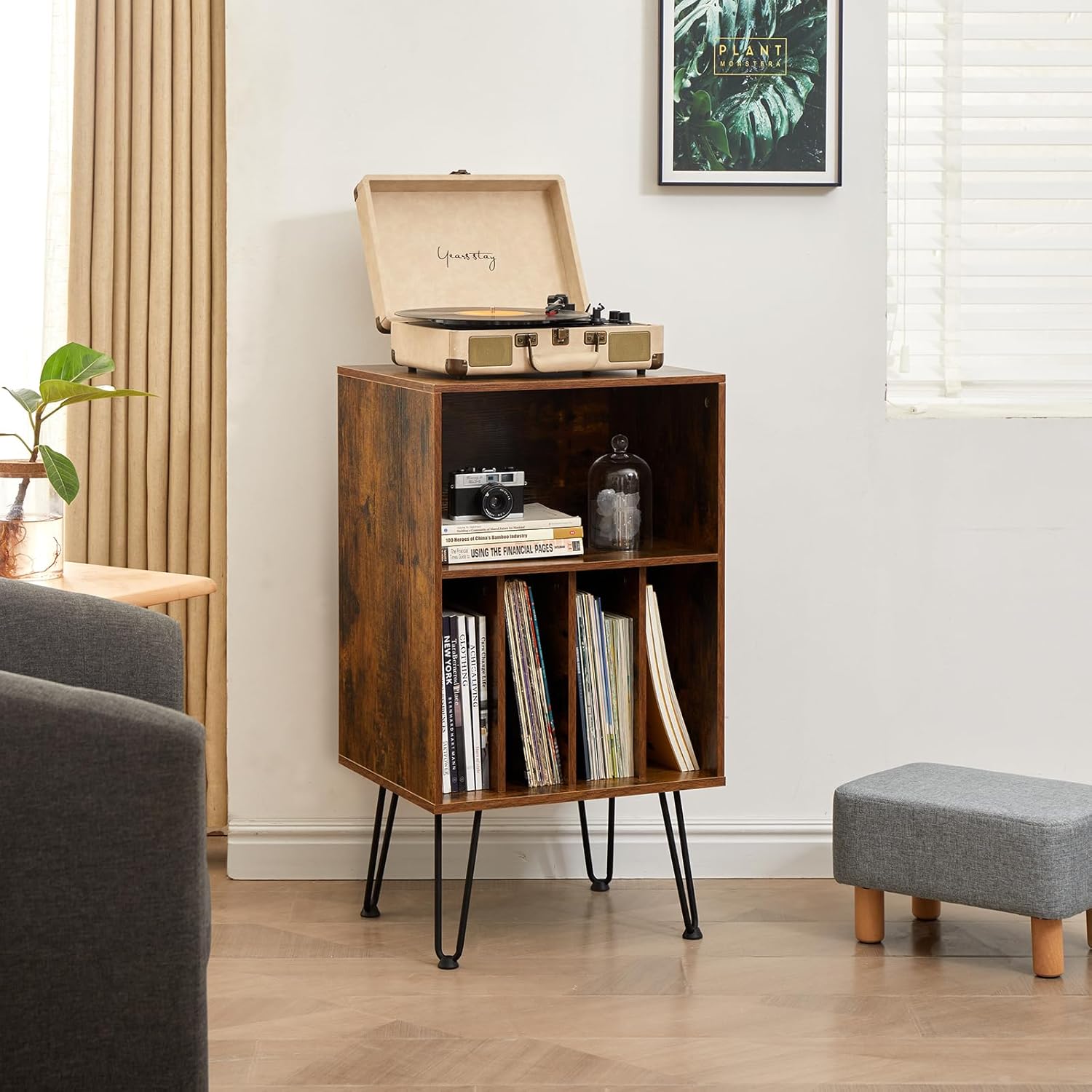 Record Player Stand with Vinyl Storage, Vinyl Record Storage Cabinet Holds Up to 150 Albums, End Table for Record Player, Turntable Stand with Record Storage for Living Room, Brown
