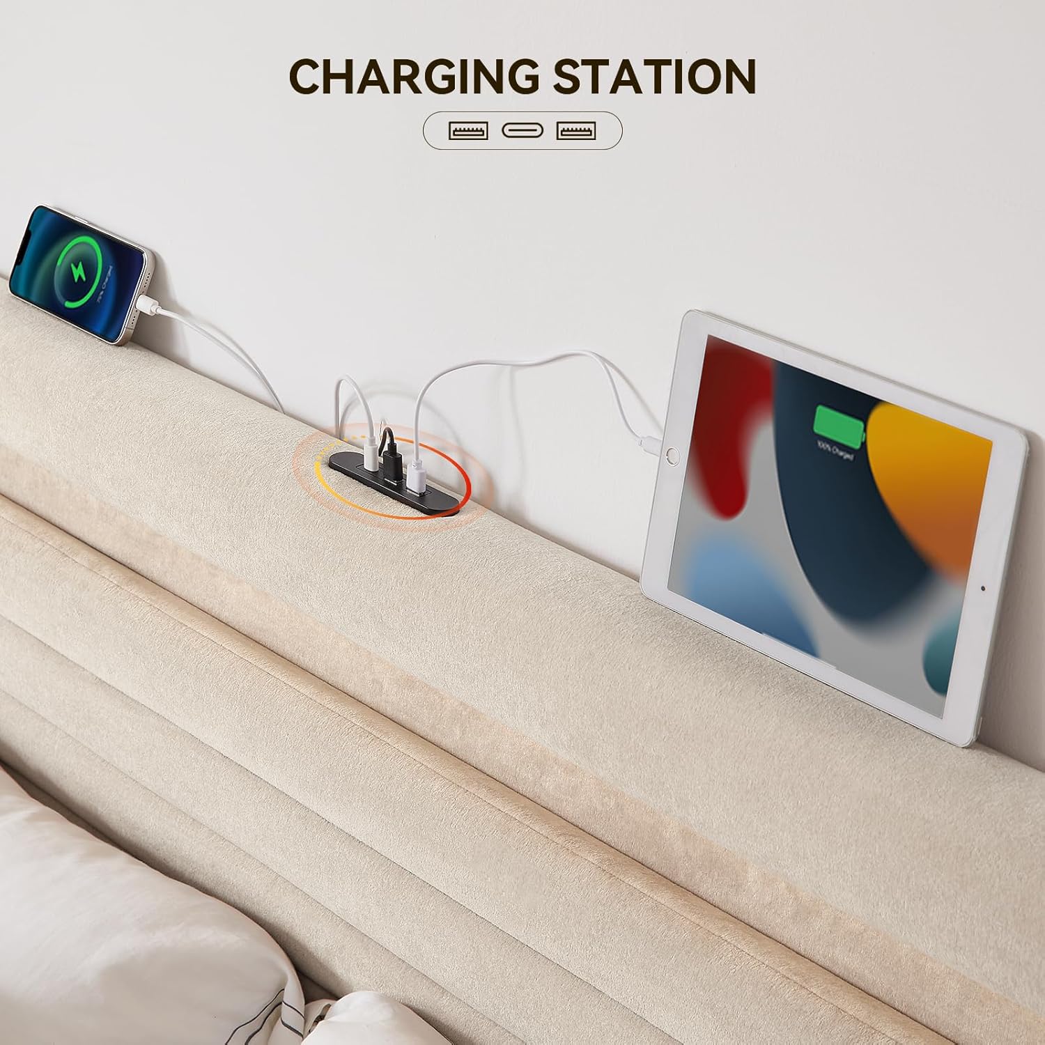 Chenille Upholstered Full Size Bed Frame with 4 Storage Drawers, Platform Bed Frame with Headboard, Charging Station and LED Lights, Easy Assembly，No Box Spring Needed, Beige