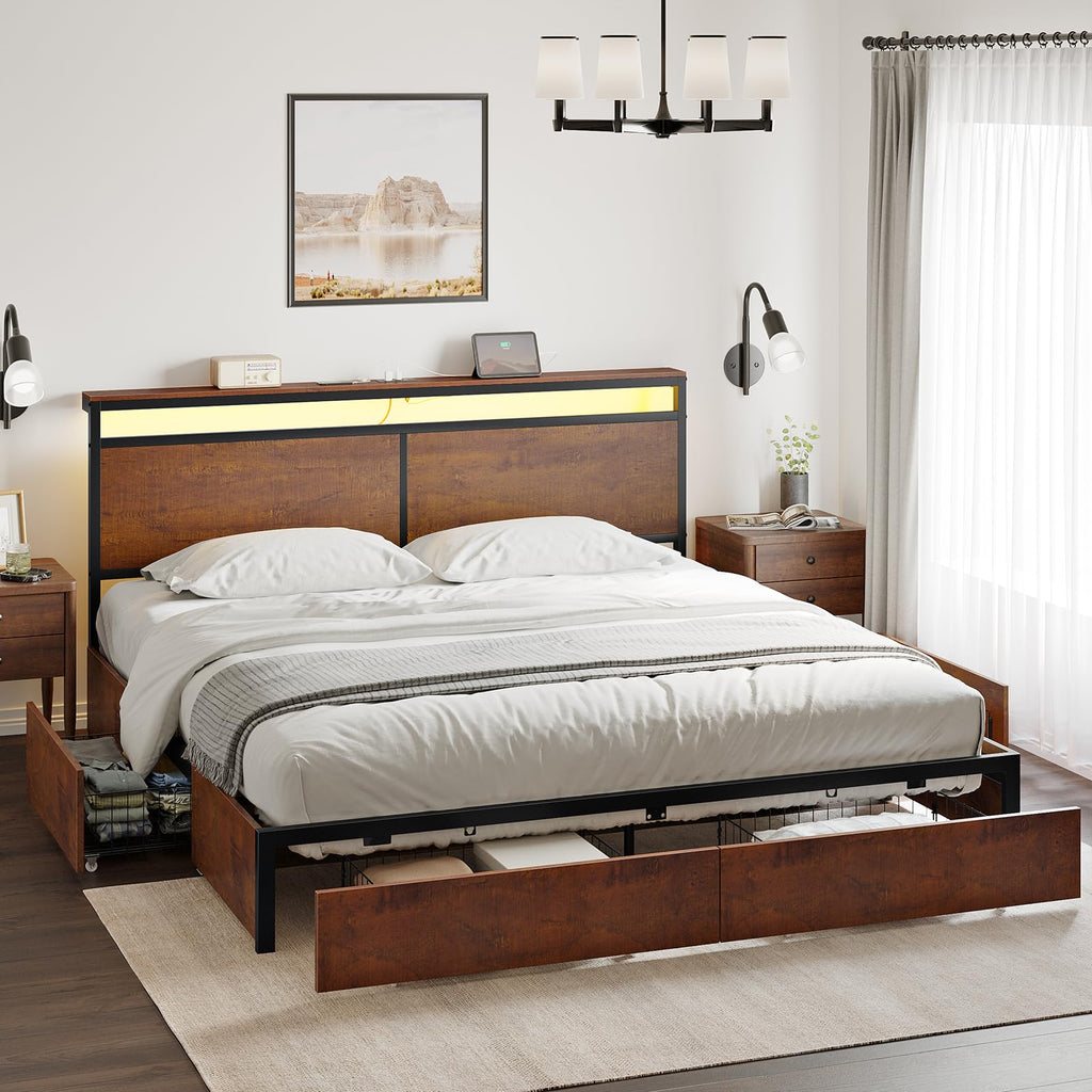 Full Bed Frame with Storage Headboard and 4 Drawers Bed Frame Full Size with Charging Station LED Lights Metal Platform Non-Slip Without Noise No Box Spring Needed