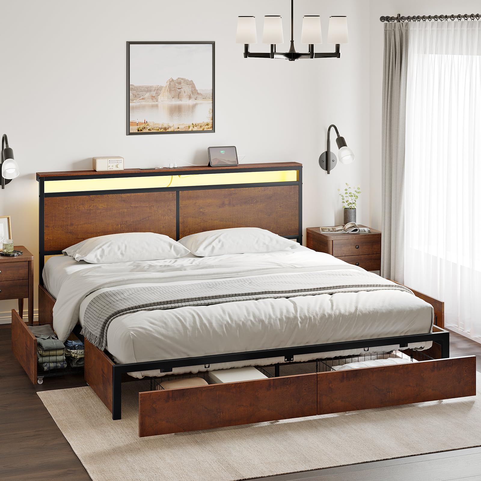 Full Bed Frame with Storage Headboard and 4 Drawers Bed Frame Full Size with Charging Station LED Lights Metal Platform Non-Slip Without Noise No Box Spring Needed