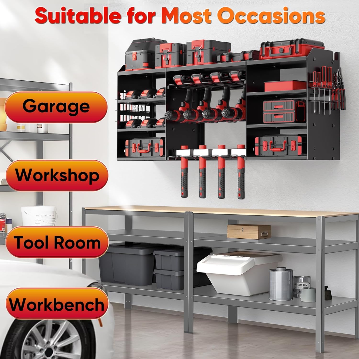 Upgrade Large Power Tool Organizer Wall Mount, Cordless Tool Storage Rack with 8 Drill Holder, 4 Layer Heavy Duty Metal Loads 400lbs Battery Utility Shelve for Garage and Workbench