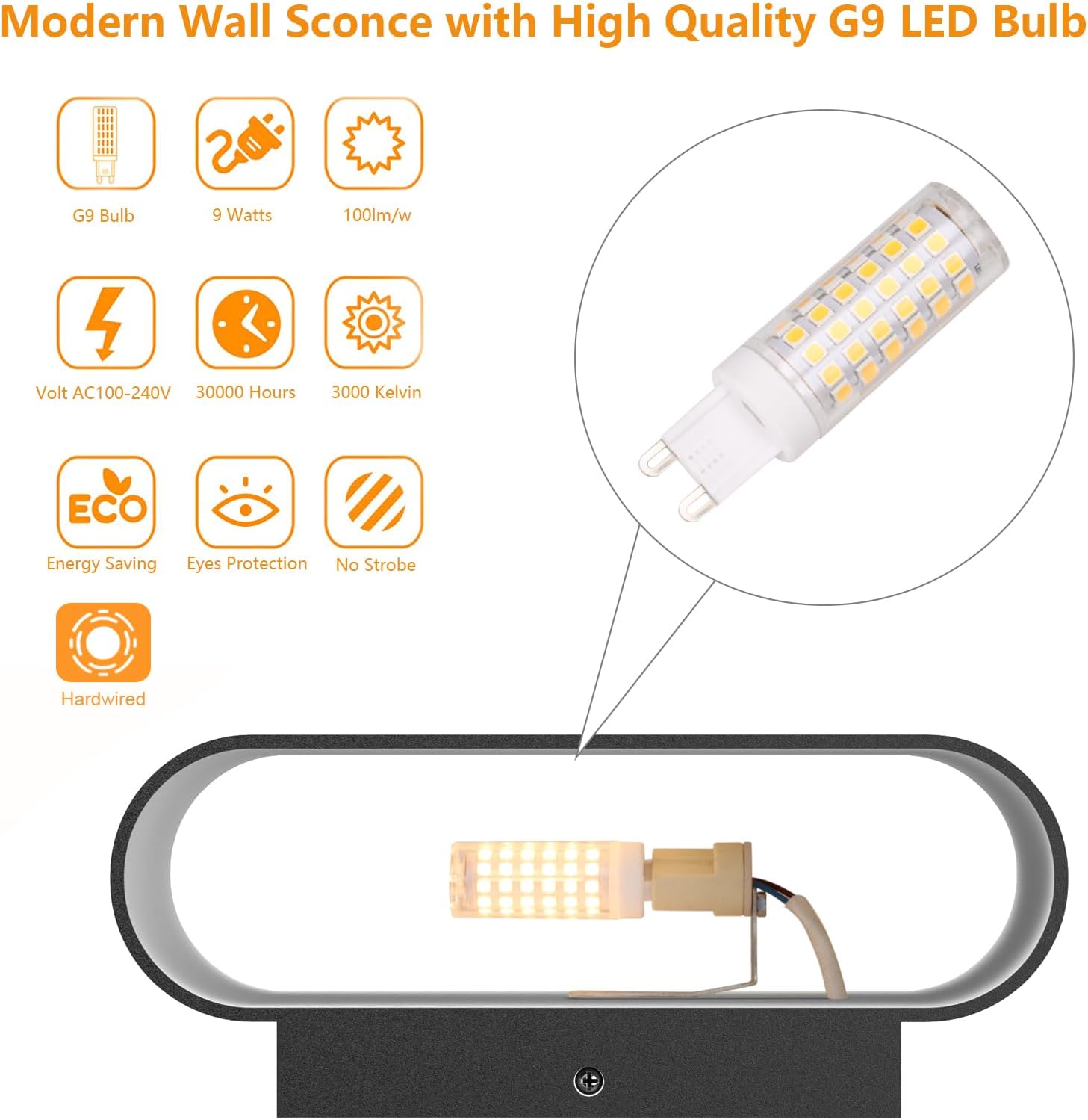 Aipsun Black Modern LED Wall Sconces Set of 2 Indoor Wall Lights Hardwired Up and Down Wall Mount Light for Living Room Bedroom Hallway Corridor Conservatory Warm White 3000K(with G9 Bulbs)