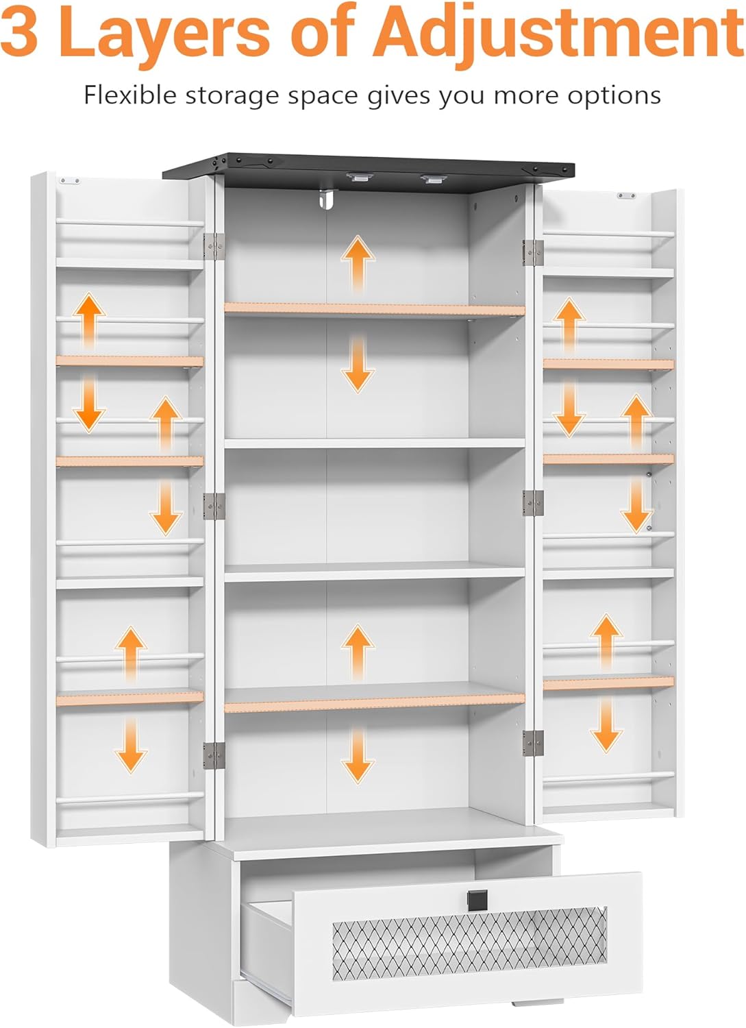 55'' Pantry Storage Cabinet with Adjustable Shelves and Drawer, Buffet Cupboard for Kitchen, Living Room, Bathroom, Dining Room