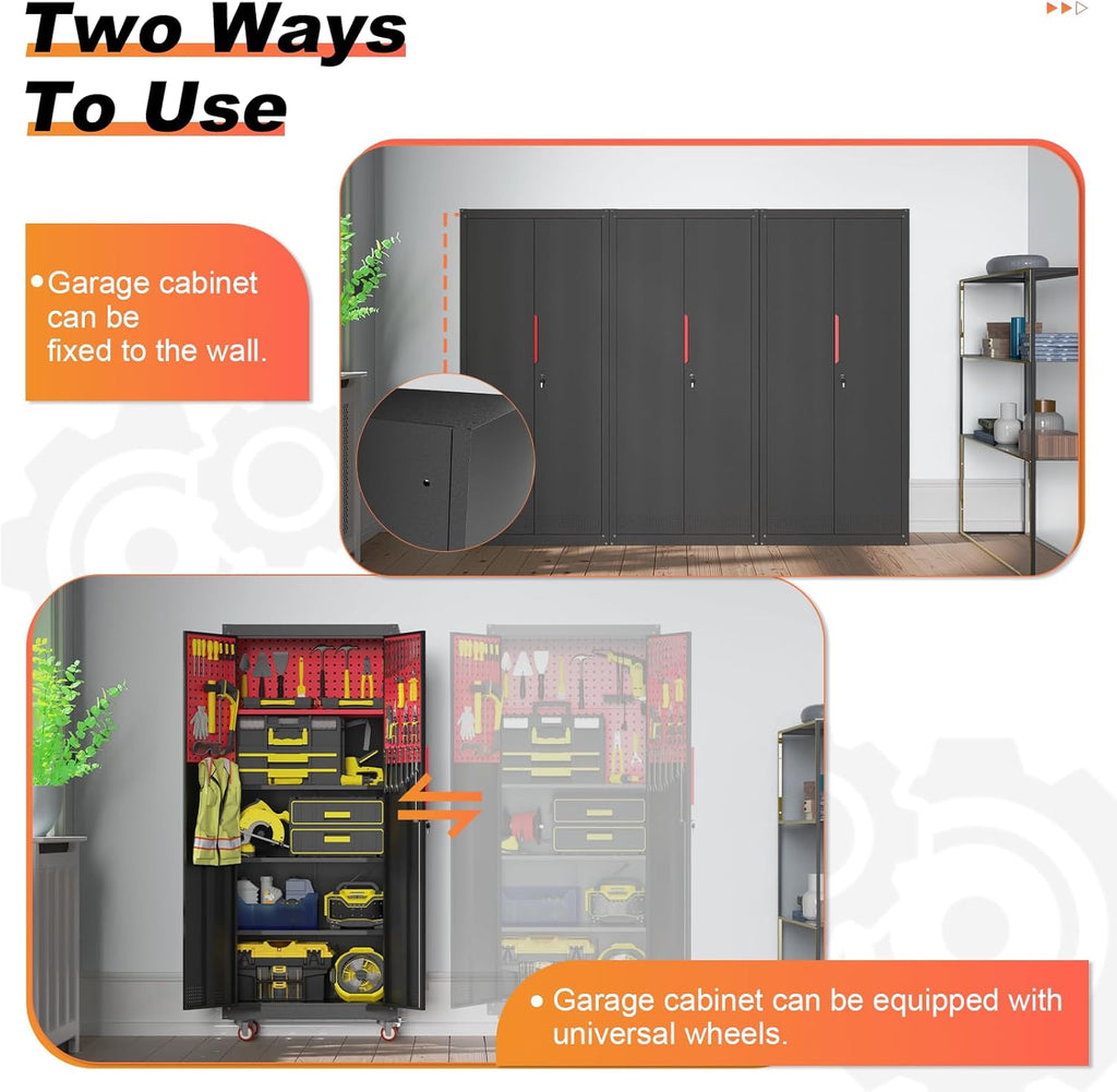 Metal Garage Storage Cabinet, Tall Garage Cabinets with 5 Adjustable Shelves, Steel Tool Storage Cabinet with Wheels,Lockable Heavy Duty Metal Cabinets for Home, Warehouse,Basement