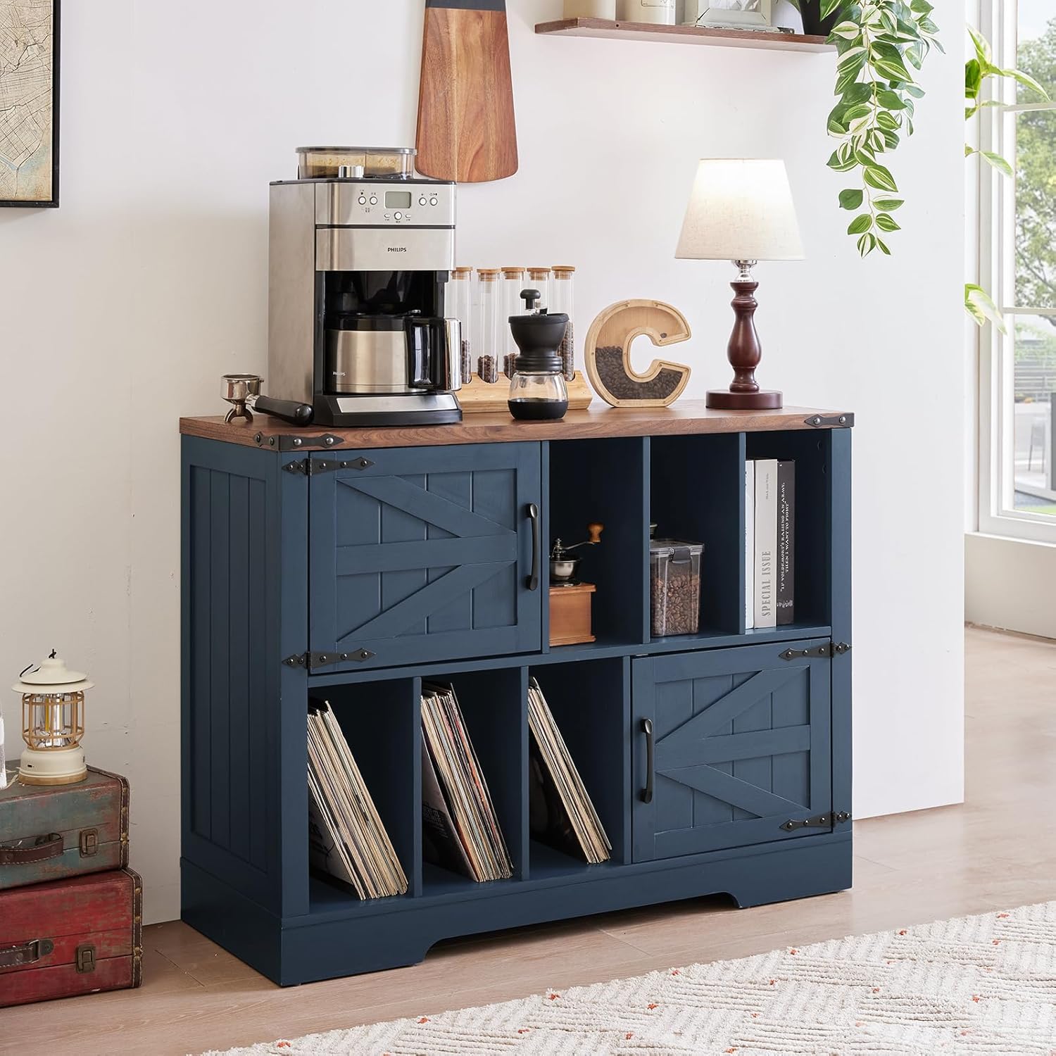 Large Record Player Stand with Vinyl Storage Up to 450 Albums, 39 Inch Farmhouse Wood Navy Blue Vinyl Records Storage Cabinet with Barn Doors, Mid-Century Turntable Stand for Living Room