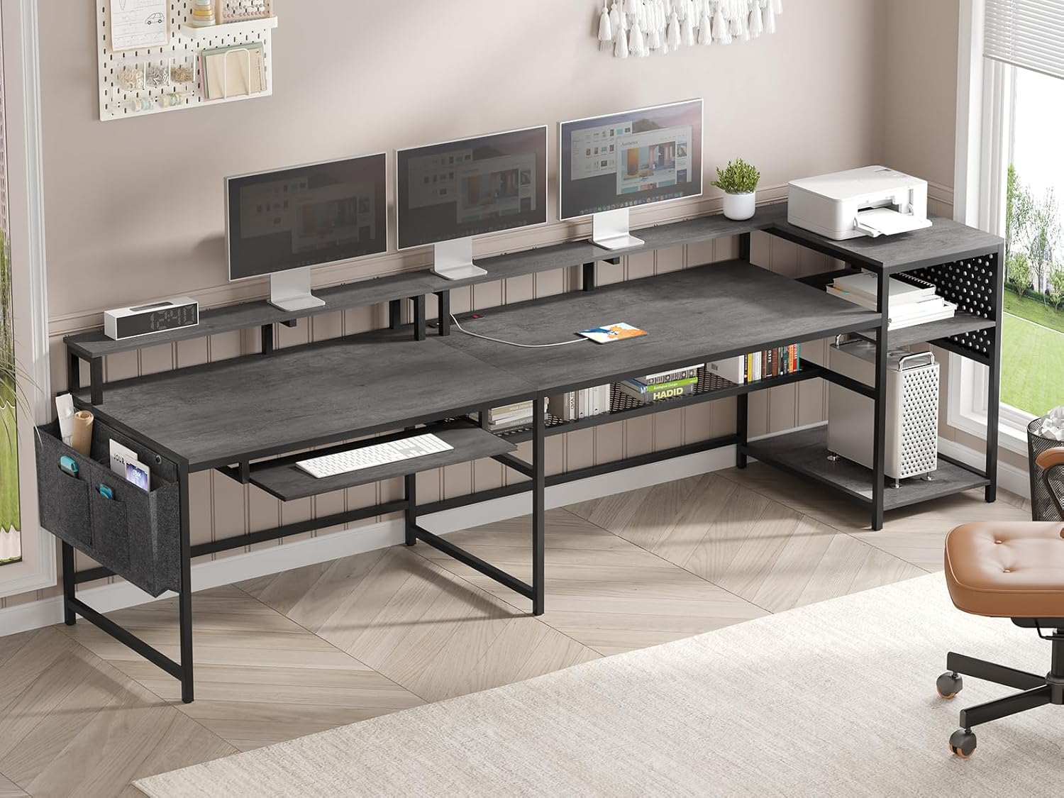 SEDETA L Shaped Gaming Desk, Convertible 96" Home Office Desk or Corner Desk, L Shaped Table with Power Outlets & LED Strip, Monitor Stand, Keyboard Tray, Pegboard and Storage Shelves, Grey
