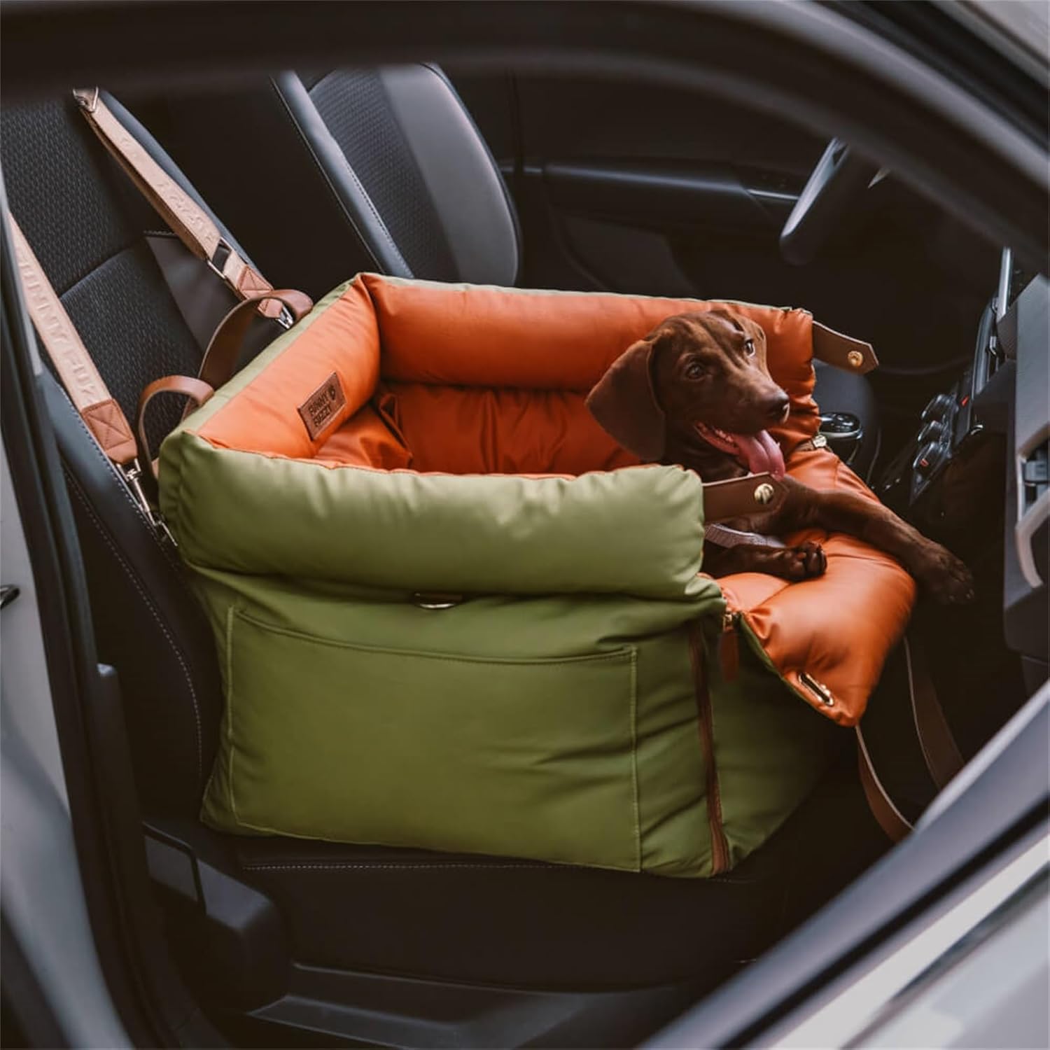 FUNNYFUZZY Leather Dog Car Seat for Small ＆ Medium Sized Dogs Up to 35lbs, Waterproof and Washable Dog Booster Seat Car Bed for Travel and Home,Portable and Safety(Green)