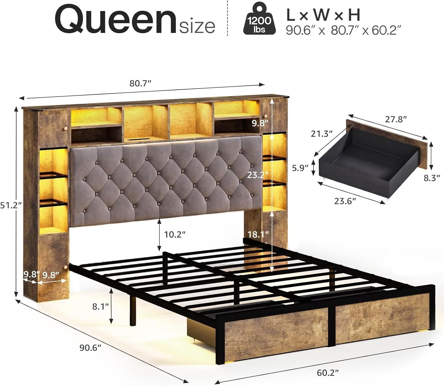 Queen Size Bed Frame with Storage Drawers and Bookcase Headboard, Rustic Brown Platform Bed Frame with Charging Station & LED Lights, Velvet Upholstered Tufted Bed Frame, No Box Spring Needed