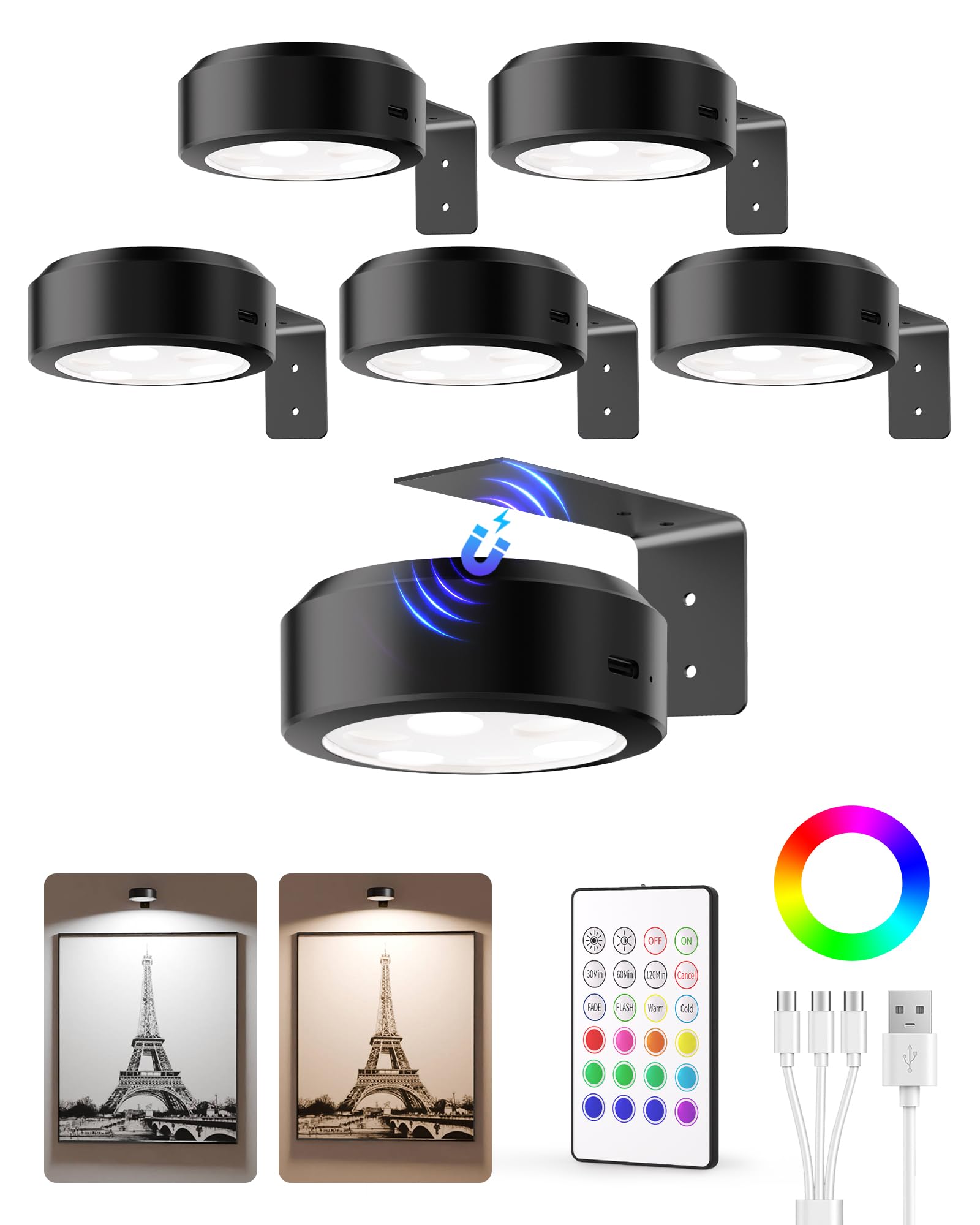 EZVALO Picture Lights for Wall, 2000mAh Rechargeable Battery Magnetic Poster Lights with 3 Color Temps & 12 RGB, Remote Dimmable Timer Painting Light, Wall Decor Light for Art Display, Frame (3 Pack)