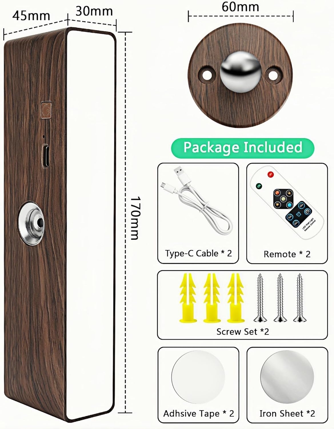 Battery Operated Wall Sconces Set of 2: Wireless Rechargeable Wall Light with Remote&Button, 360° Rotate Magnetic Scone Lighting LED Wall Mount Sconce Lamp for Bedroom Bedside Reading, Wood