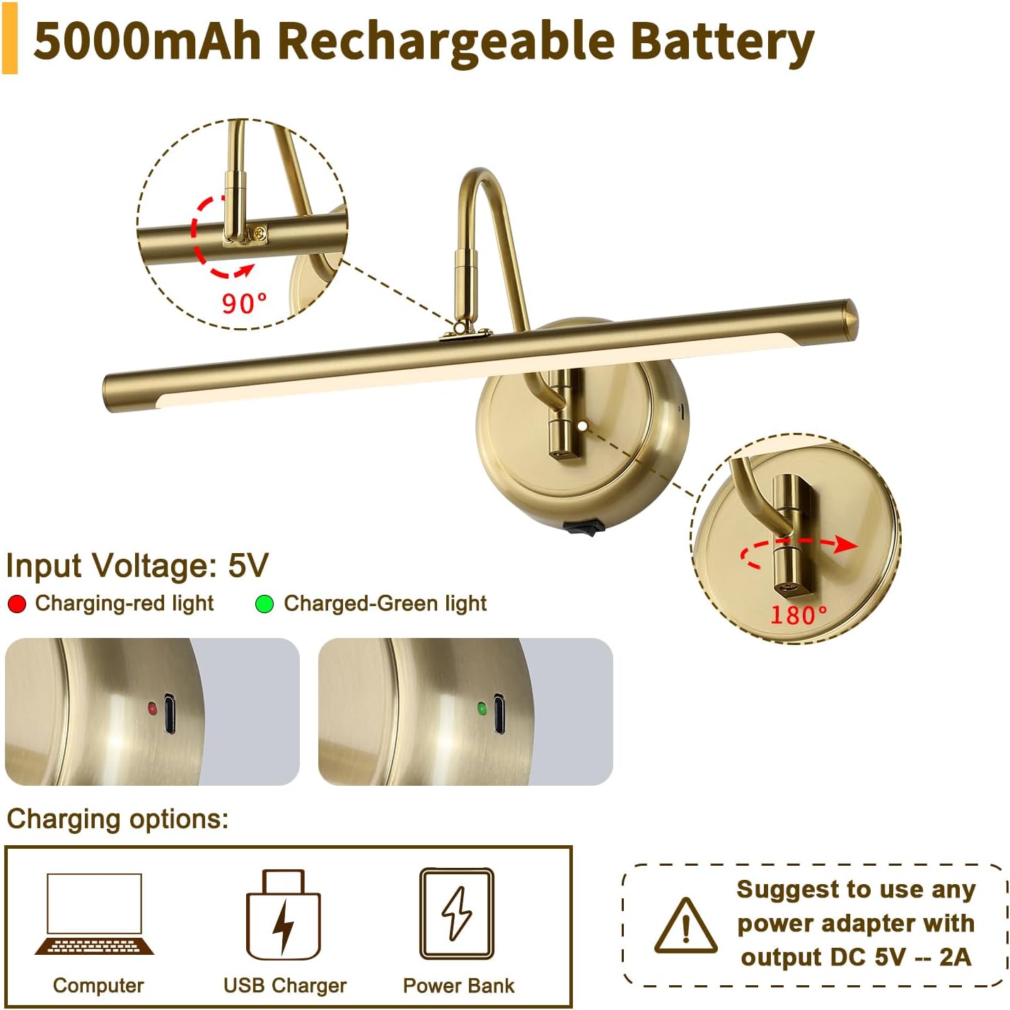JOOSENLUX Battery Operated Picture Light Gold - Modern Wireless Picture Lights for Wall Dimmable 16.5inch Under Cabinet and Swing Arm for Canvas Sconce 3000K CRI95