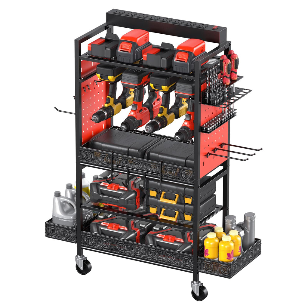 CCCEI Garage Power Tools Organizer Cart with Charging Station, Black Floor Standing Rolling Drill and Tools Battery Storage Cart on Wheels. Utility Rack Gift for Men, Husband, Father.