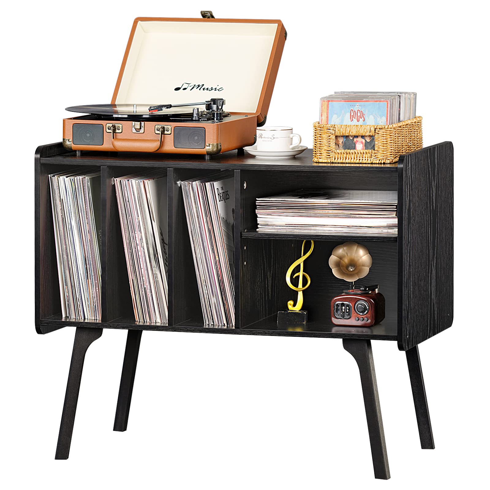 Lerliuo Record Player Stand with 4 Cabinet Holds Up to 220 Albums, Large Turntable Stand with Beech Wood Legs, Mid-Century Record Player Table,Brown Vinyl Holder Storage Shelf for Bedroom Living Room