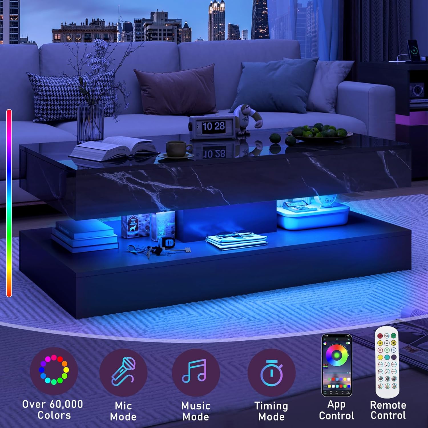 47inch Large High-Glossy LED Coffee Table with 2 Sliding Drawers, Living Room Storage Tables with Marbling Print, Modern Stylish Double-Layer Center Tables w/LED Lights, Black