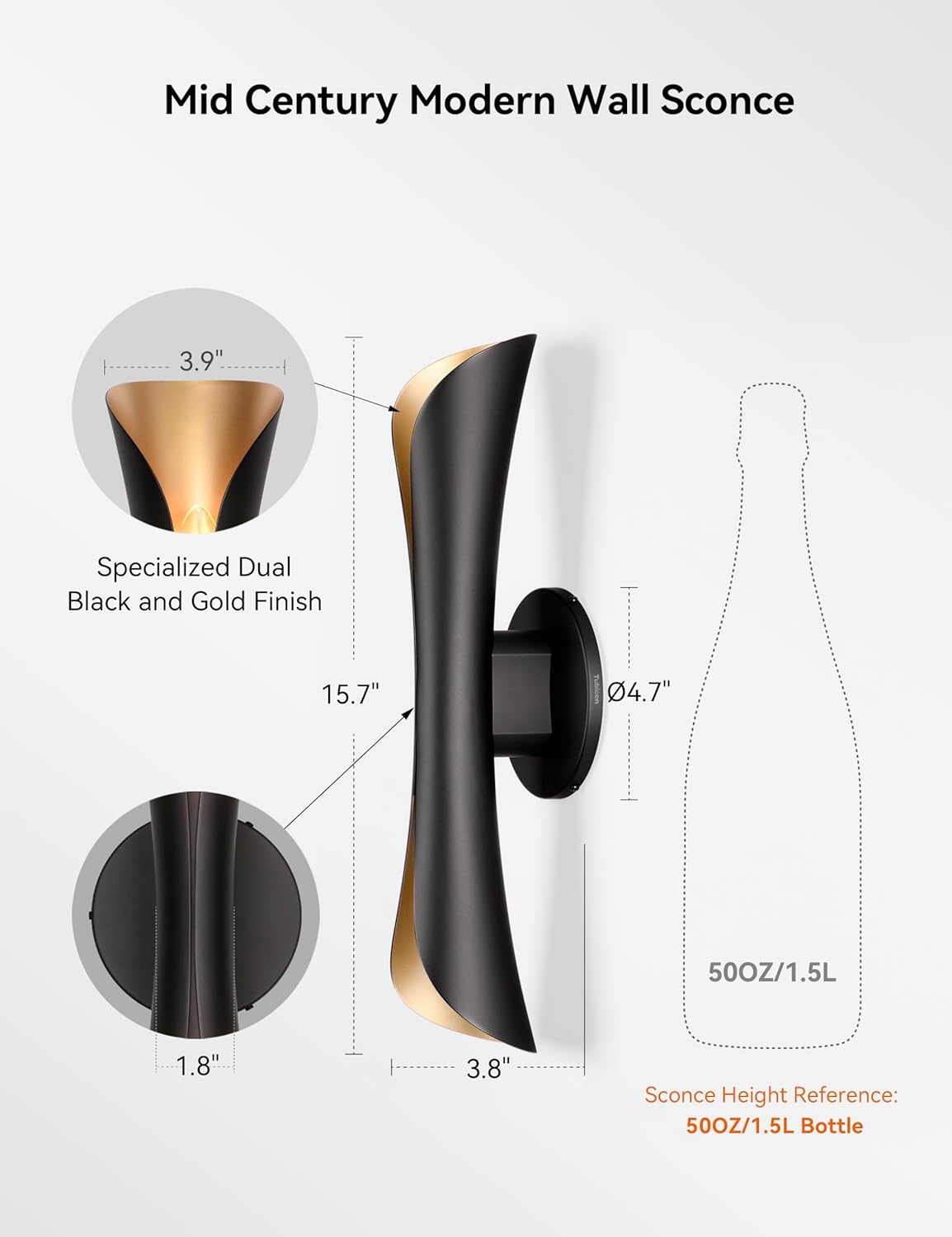 Tubicen Wall Sconce Black and Gold Dimmable Mid Century Modern Up and Down Sconce Lights Indoor Hardwired 15.7" H Wall Lamps for Bedroom Living Room Home Theater