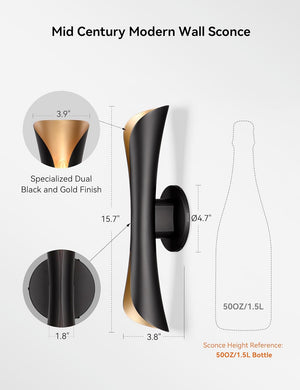 Tubicen Wall Sconce Black and Gold Dimmable Mid Century Modern Up and Down Sconce Lights Indoor Hardwired 15.7" H Wall Lamps for Bedroom Living Room Home Theater