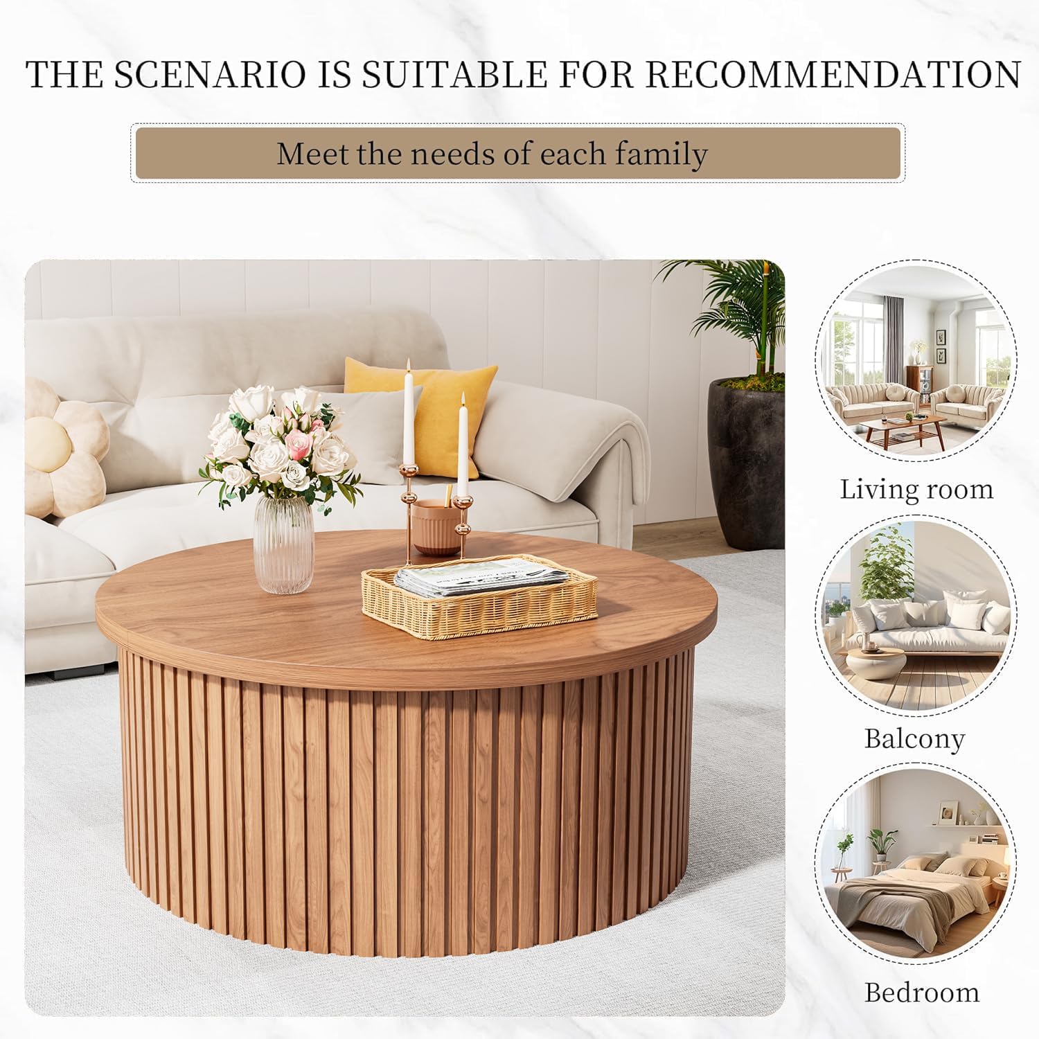 Round Fluted Lift Top Coffee Table with Storage, 34.6'' Farmhouse Round Coffee Tables for Living Room, Circle Wood Accent Center Table for Home, Office (Walnut)