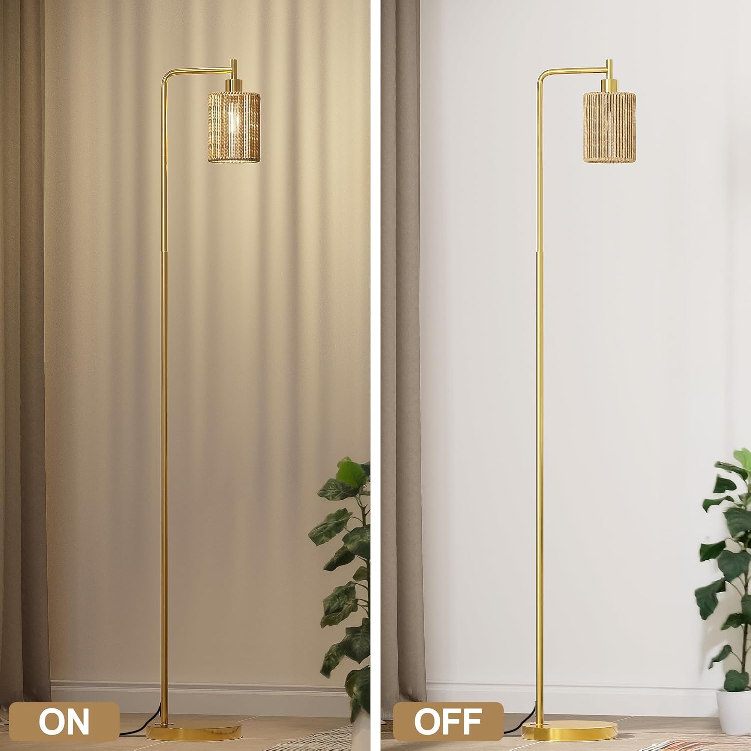 Oneach 66" Gold Floor Lamp for Living Room, Boho Floor Lamp with LED Bulb, Foot Switch, Rattan Shade, Industrial Tall Farmhouse Standing Lamp for Bedroom, Dining Room, Study Room, Office