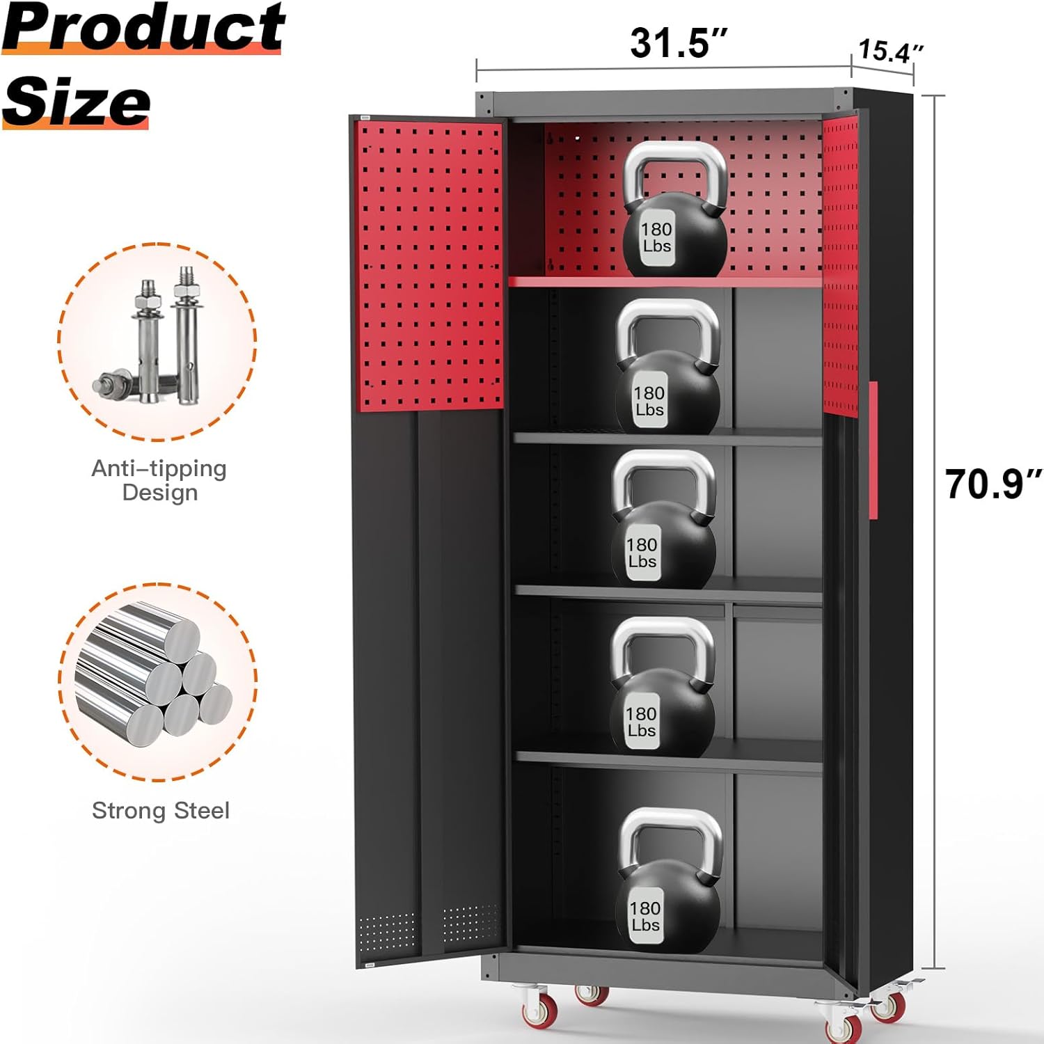 Metal Garage Storage Cabinet, Tall Garage Cabinets with 5 Adjustable Shelves, Steel Tool Storage Cabinet with Wheels,Lockable Heavy Duty Metal Cabinets for Home, Warehouse,Basement