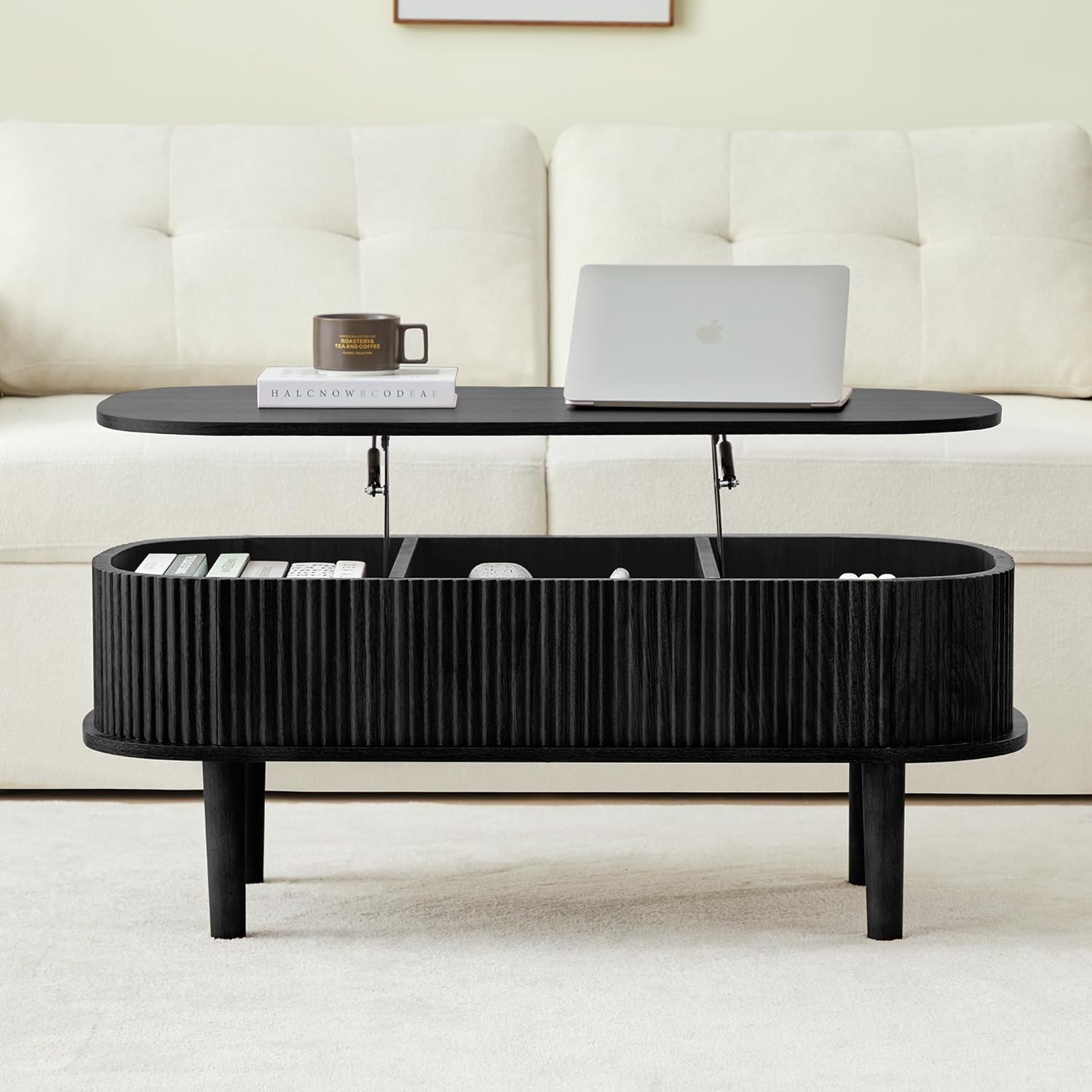 Fluted Lift Top Coffee Table with Hidden Compartment, Fully Assembled Wooden Center Table, Modern Oval Lift Tabletop for Home Living Room Office, Black