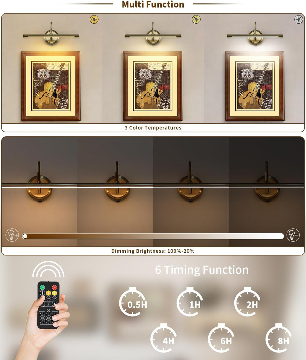 JOOSENLUX Battery Operated Picture Light Gold - Modern Wireless Picture Lights for Wall Dimmable 16.5inch Under Cabinet and Swing Arm for Canvas Sconce 3000K CRI95