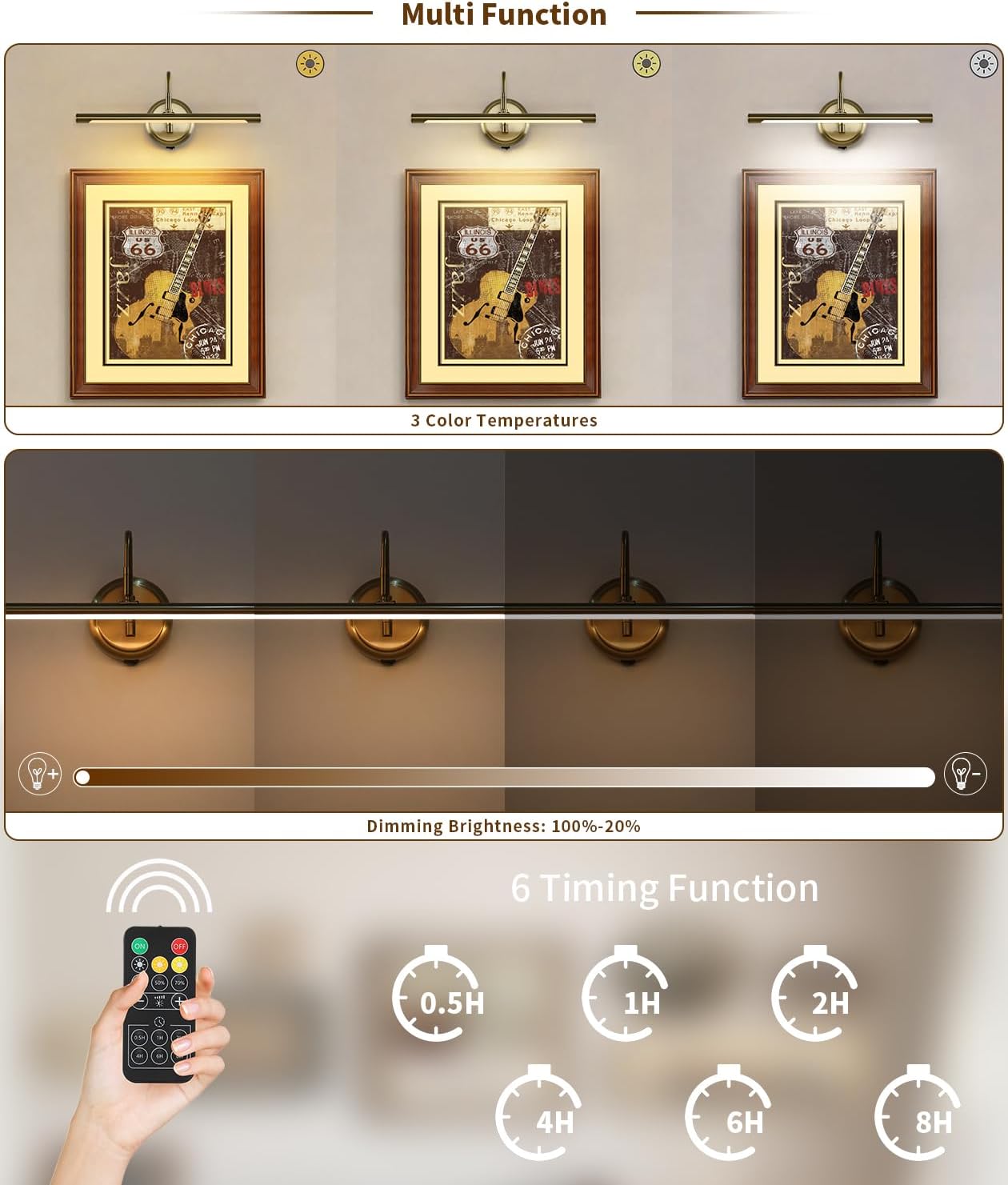 JOOSENLUX Battery Operated Picture Light Gold - Modern Wireless Picture Lights for Wall Dimmable 16.5inch Under Cabinet and Swing Arm for Canvas Sconce 3000K CRI95
