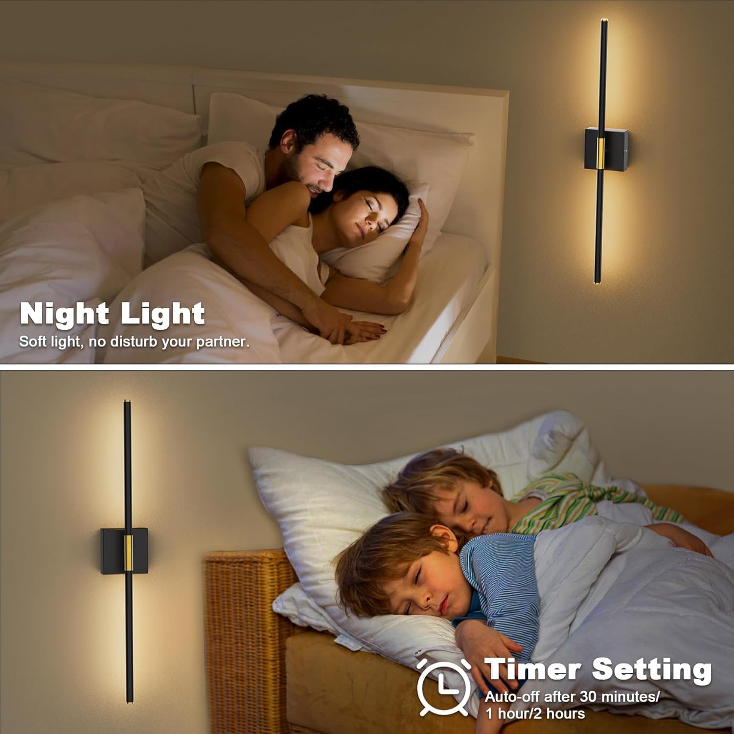 Wall Sconces Set of 2 Battery Operated, Wireless USB Rechargeable Wall Lights with Remote Control, 360° Rotation, 8000mAh LED Dimmable Picture Lamp for Living Room,Bedroom,Hallway (30in Black)