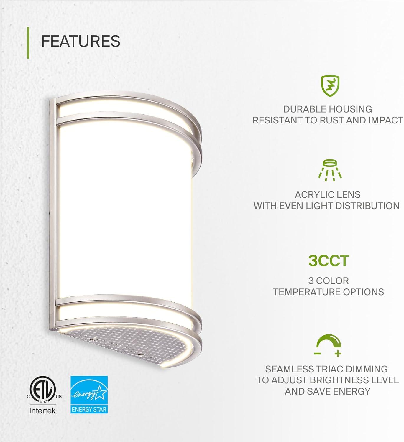 ASD LED Indoor Wall Mount Light Fixture - 10 Inch Modern Interior Brushed Nickel Wall Sconce Lighting - 3000K 4000K 5000K Adjustable - Half Cylinder Hallway Light Fixture - ETL & Energy Star