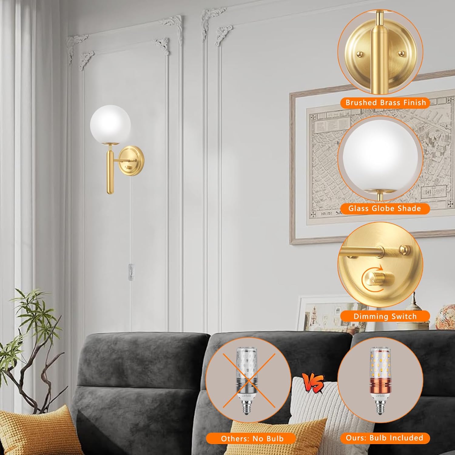 Dimmable Plug in Wall Sconces Set of 2 with Milky Glass Globe Shade, Gold Wall Light with Plug in Electric Cord Dimmer Knob Switch Mid Century Modern Vintage Wall Lamp for Bedroom Bedside Living Room