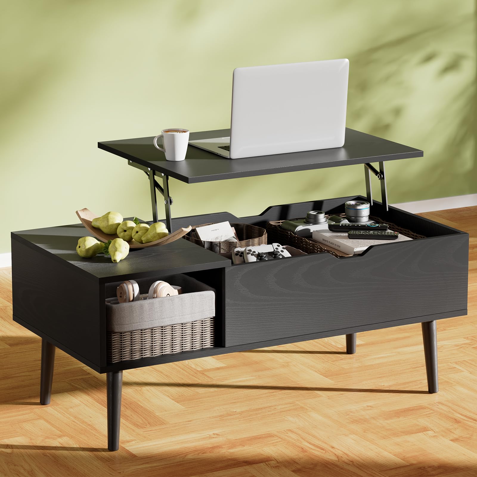 OLIXIS Wood Lift Top Coffee Table with Hidden Compartment and Large Storage Shelf, Lift Tabletop Dining Center Table for Home Living Room Office, Natural Wood