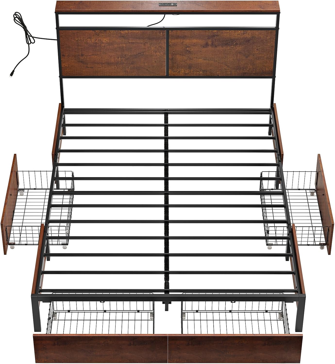 Full Bed Frame with Storage Headboard and 4 Drawers Bed Frame Full Size with Charging Station LED Lights Metal Platform Non-Slip Without Noise No Box Spring Needed