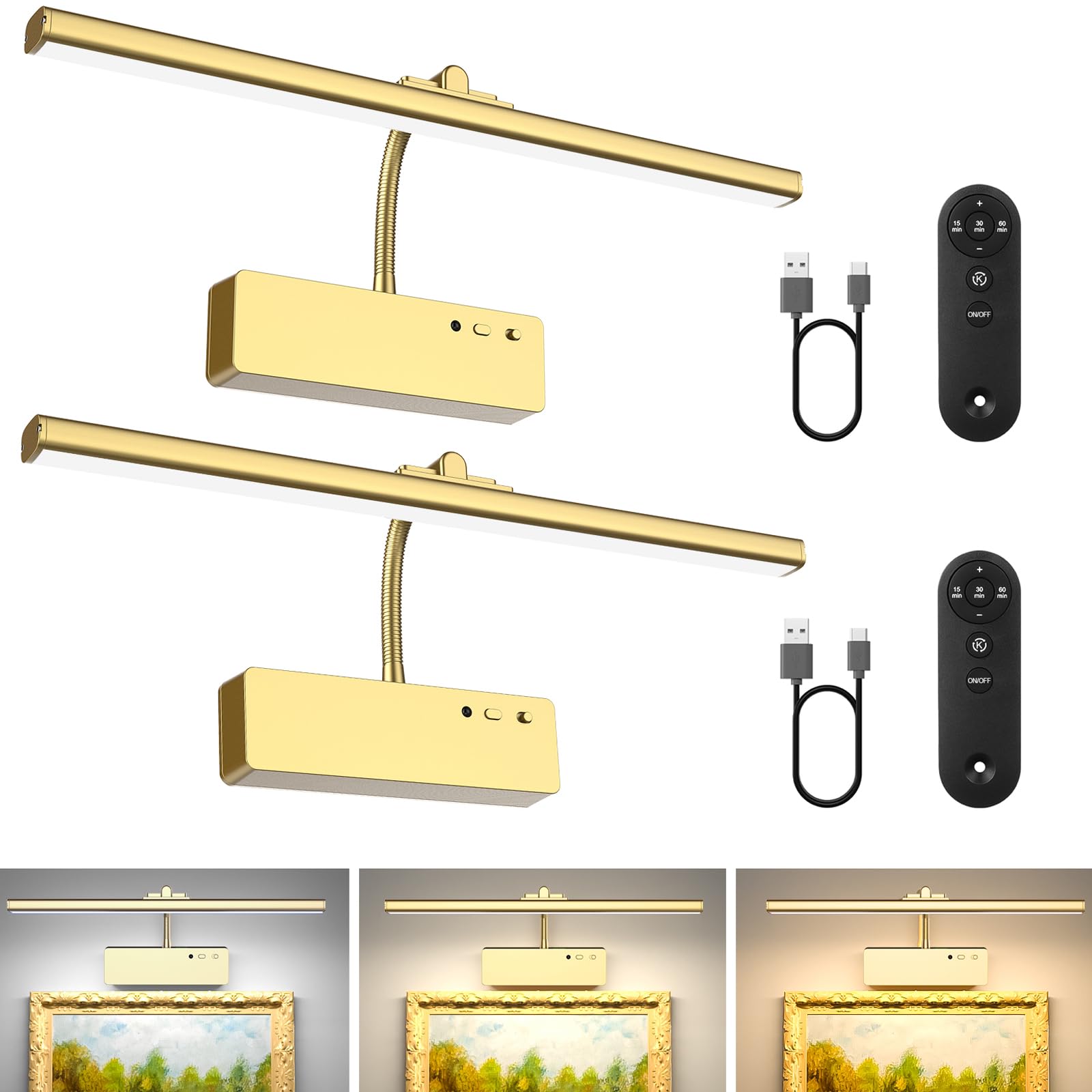 Picture Light with Remote, 15.35inch Wireless Rechargeable Battery Wall Light for Paintings, 3 Colors Paintings Light Dimmable and Timer Metal Art Light for Display, Wall, Artwork, Gallery (Gold)
