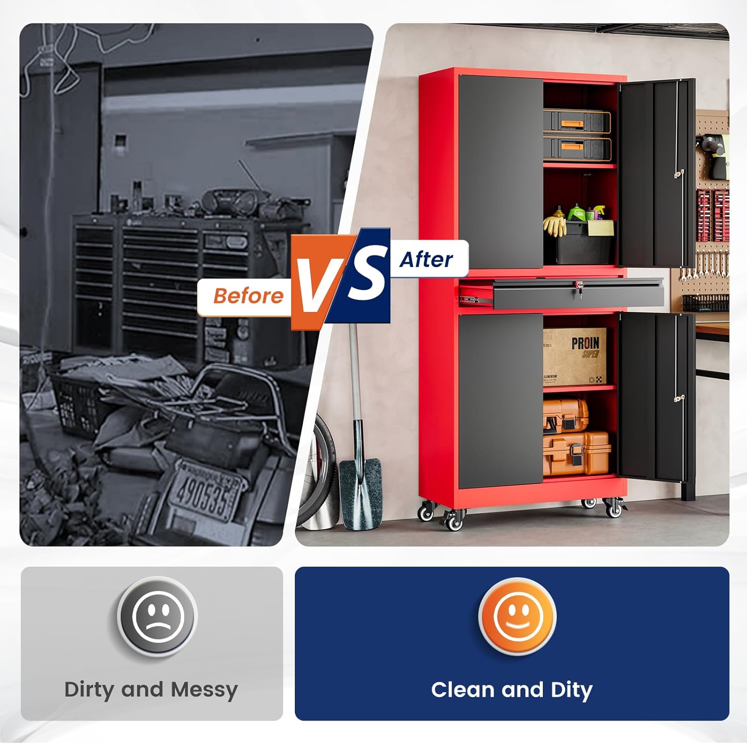 Yizosh Metal Garage Storage Cabinet with Locking Doors and Adjustable Shelves,- 73" Rolling Tool Storage Cabinet with 4 Wheels and 1 Drawer for Garage,Warehouse (Red Black)
