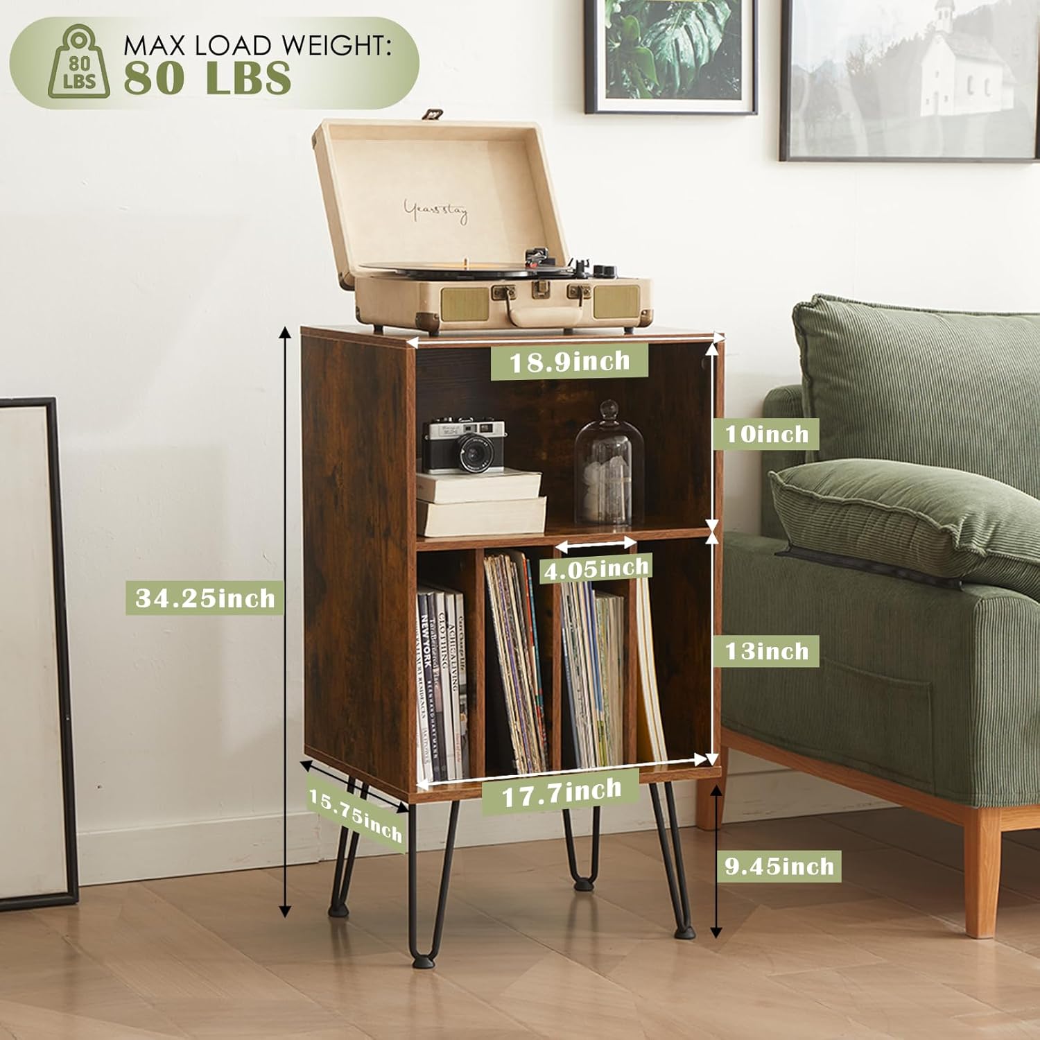 Record Player Stand with Vinyl Storage, Vinyl Record Storage Cabinet Holds Up to 150 Albums, End Table for Record Player, Turntable Stand with Record Storage for Living Room, Brown