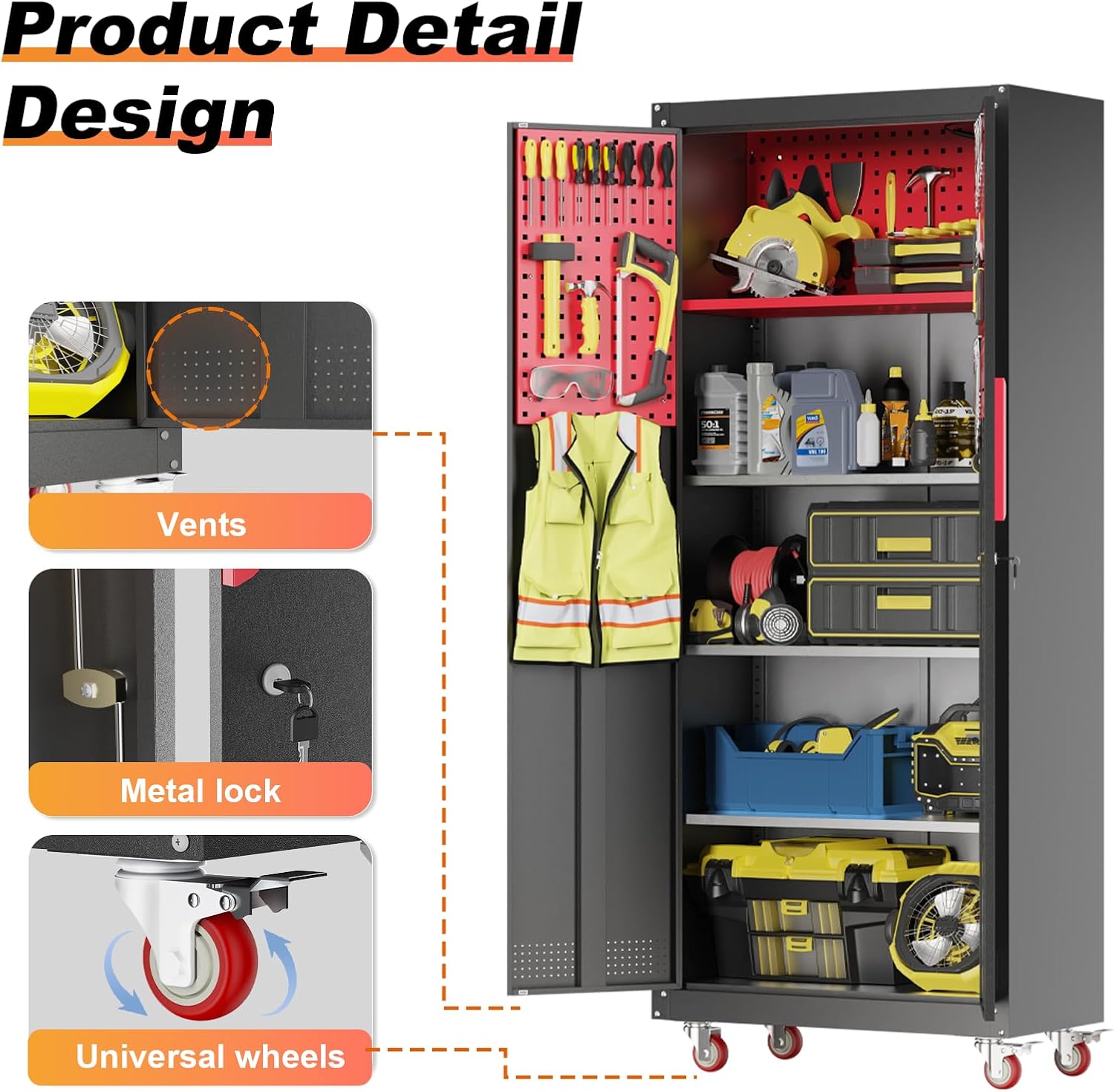 Metal Garage Storage Cabinet, Tall Garage Cabinets with 5 Adjustable Shelves, Steel Tool Storage Cabinet with Wheels,Lockable Heavy Duty Metal Cabinets for Home, Warehouse,Basement