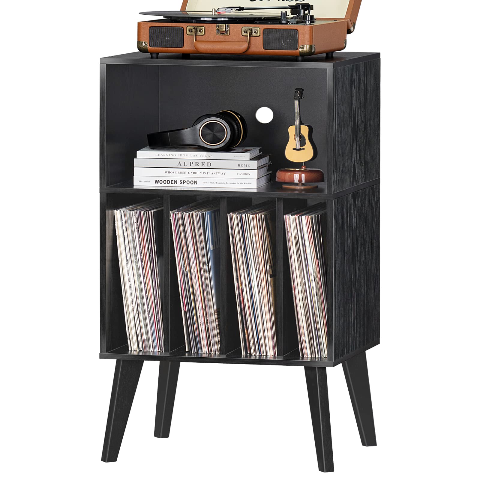 Lerliuo Record Player Stand, Walnut Turntable Stand Holds up to 160 Albums, Mid-Century Vinyl Storage Cabinet Table with Solid Wood Legs, Record Player Holder Dispaly Shelf for Bedroom Living Room