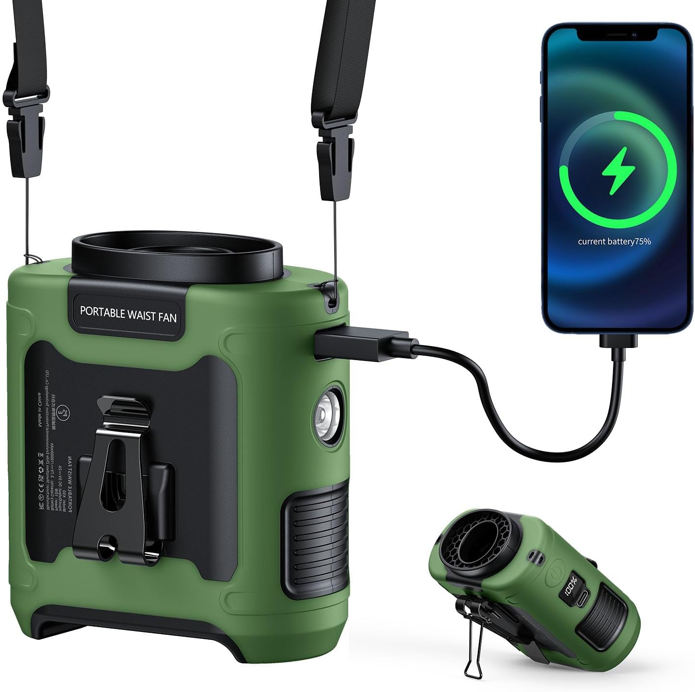 10000mAh Portable Waist Clip on Fan Wearable Belt Personal Cooling Shirt Fan Rechargeable with 5 Speeds Flashlight Neck Fan Hand-Free Last for 40H for Outdoor Camping Office Travel (Green)