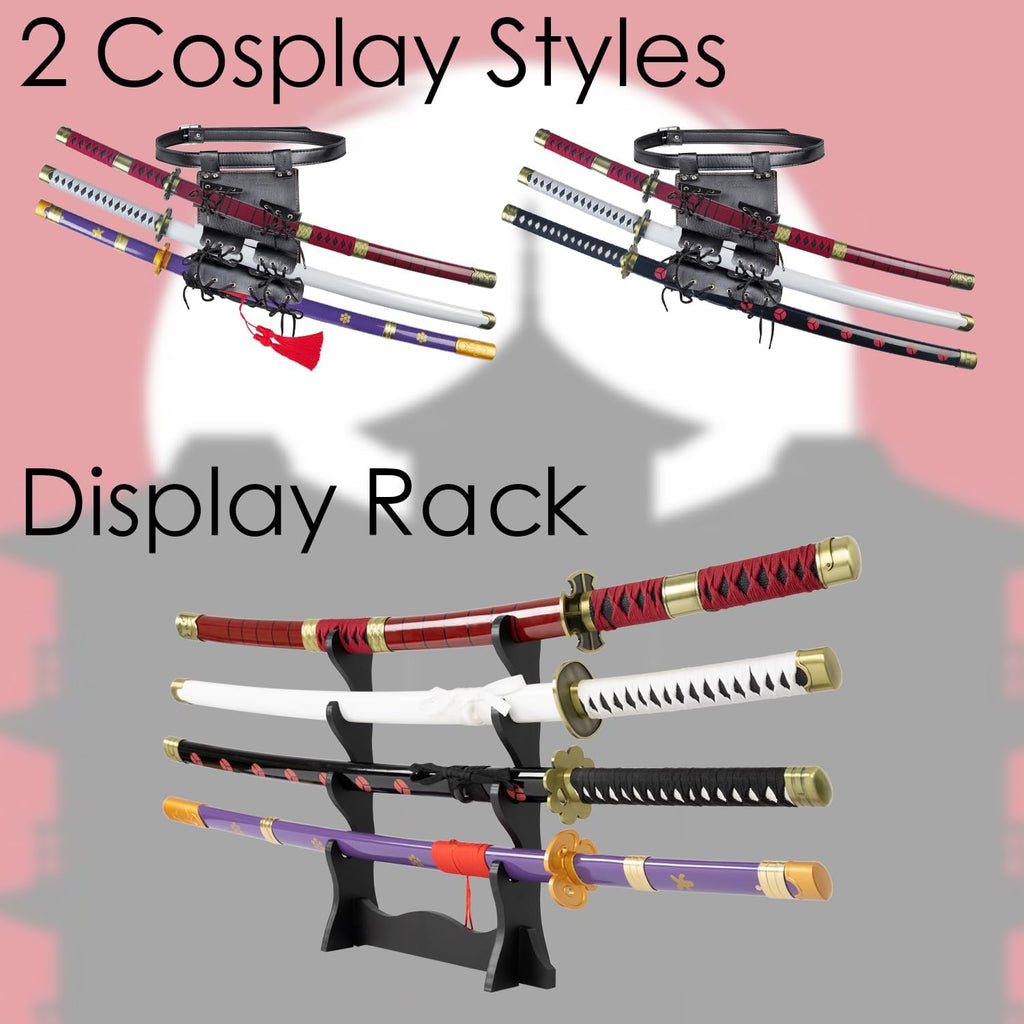 Adust Carbon Steel Roronoa Zoro Swords, Real Metal Anime Sword, Roronoa Zoro Cosplay Costume 41 inch Overall, Japanese Zoro Katana Samurai Sword 3-Piece Set/4-Piece Set