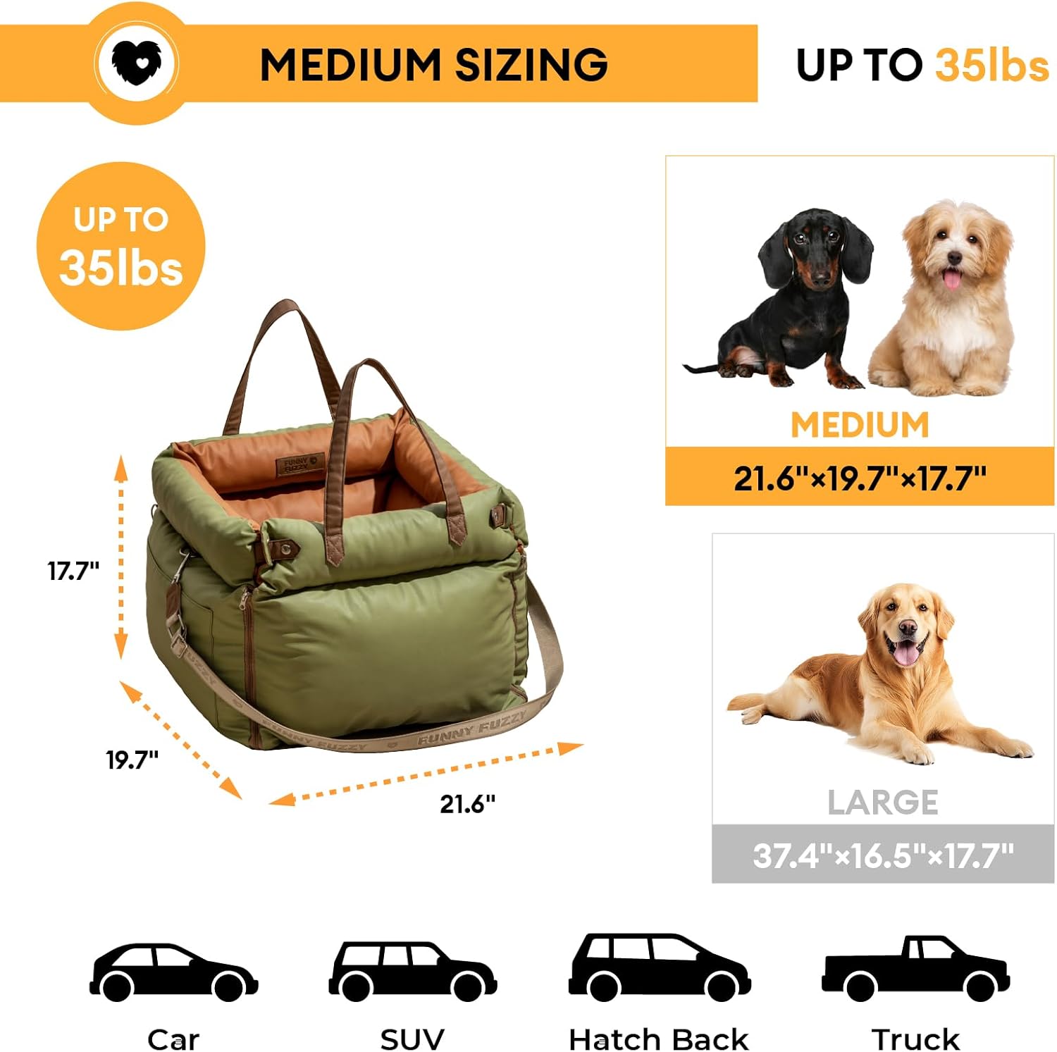 FUNNYFUZZY Leather Dog Car Seat for Small ＆ Medium Sized Dogs Up to 35lbs, Waterproof and Washable Dog Booster Seat Car Bed for Travel and Home,Portable and Safety(Green)