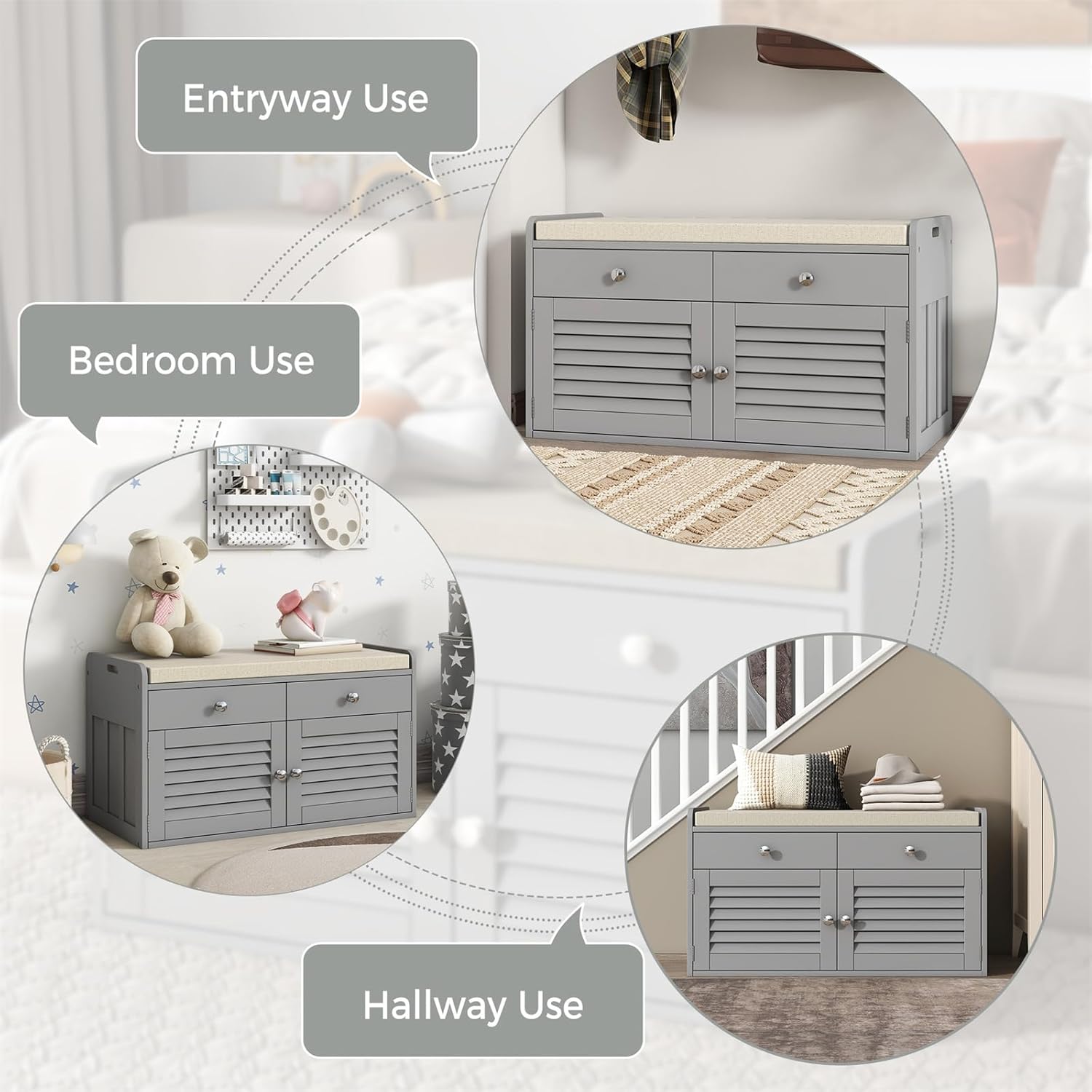 Shoe Storage Bench with 2 Drawers & 2 Doors, Entryway Bench with Cushion, 2 Adjustable Shelves, Shoe Cabinet for Entryway, Living Room, Hallway, Mudroom, Bedroom, Grey
