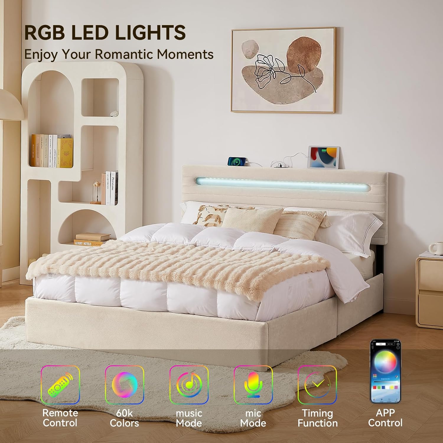 Chenille Upholstered Full Size Bed Frame with 4 Storage Drawers, Platform Bed Frame with Headboard, Charging Station and LED Lights, Easy Assembly，No Box Spring Needed, Beige